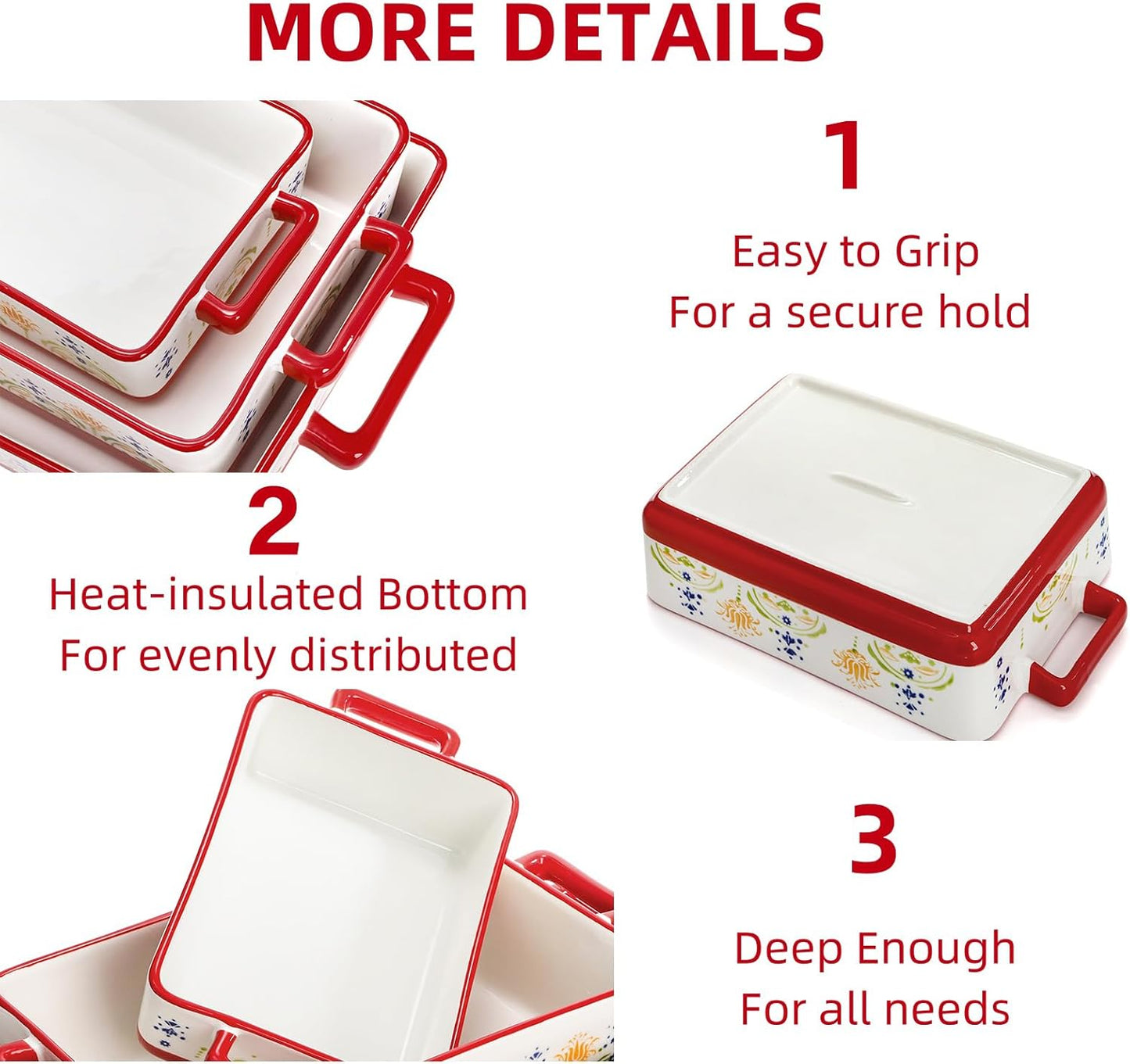 Set of 3 Ceramic Baking Dishes, Rectangular Casserole Dish for Oven, C