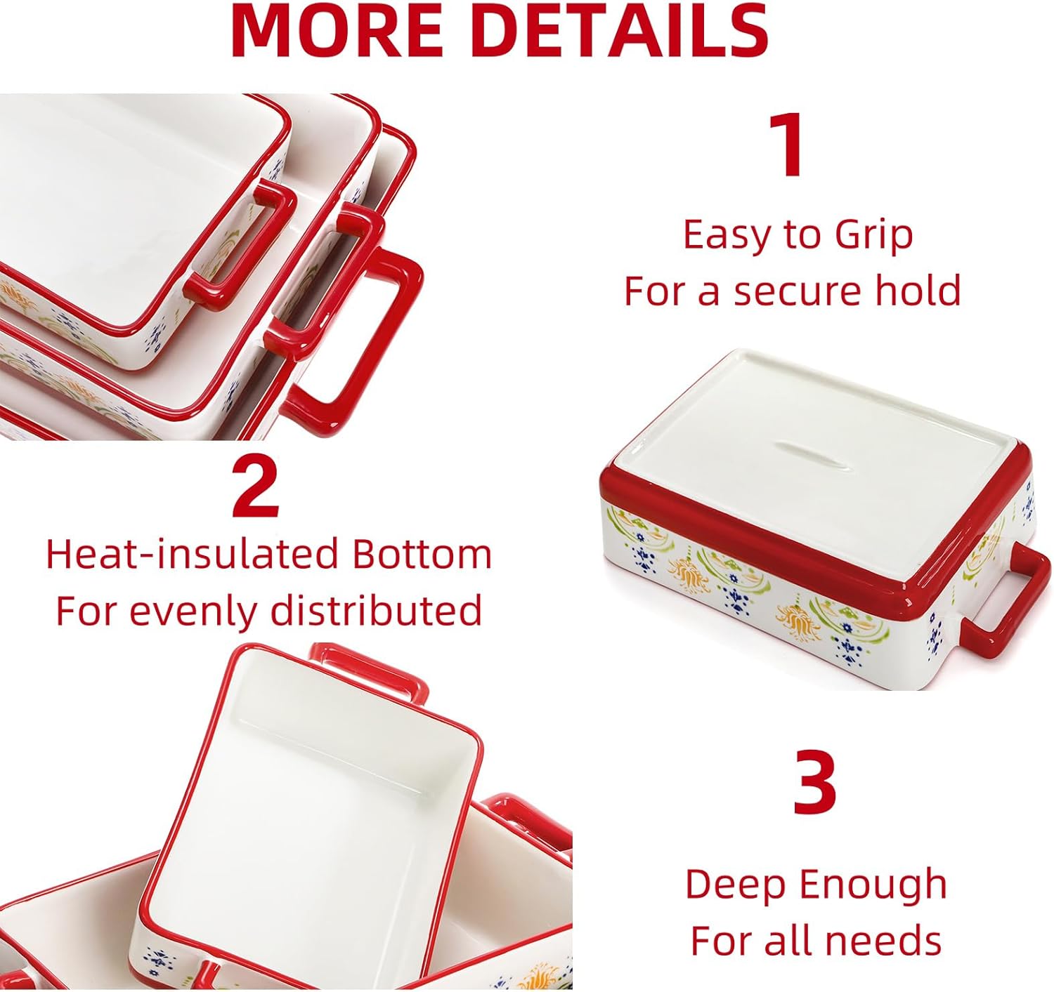 Set of 3 Ceramic Baking Dishes, Rectangular Casserole Dish for Oven, C