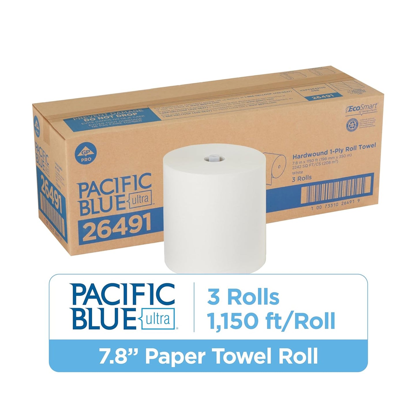 Georgia-Pacific Blue Ultra 8'' High-Capacity Recycled Paper Towel Rolls by GP PRO (Georgia-Pacific), White, 26491, 1,150 Linear Feet Per Roll, 3 Rolls Per Case