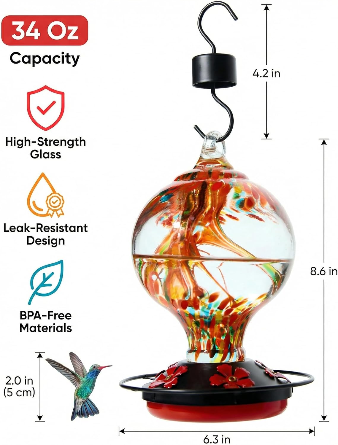 Hummingbird Feeder for Outdoors Hanging, 34 Oz, Hand Blown Gift Inner 