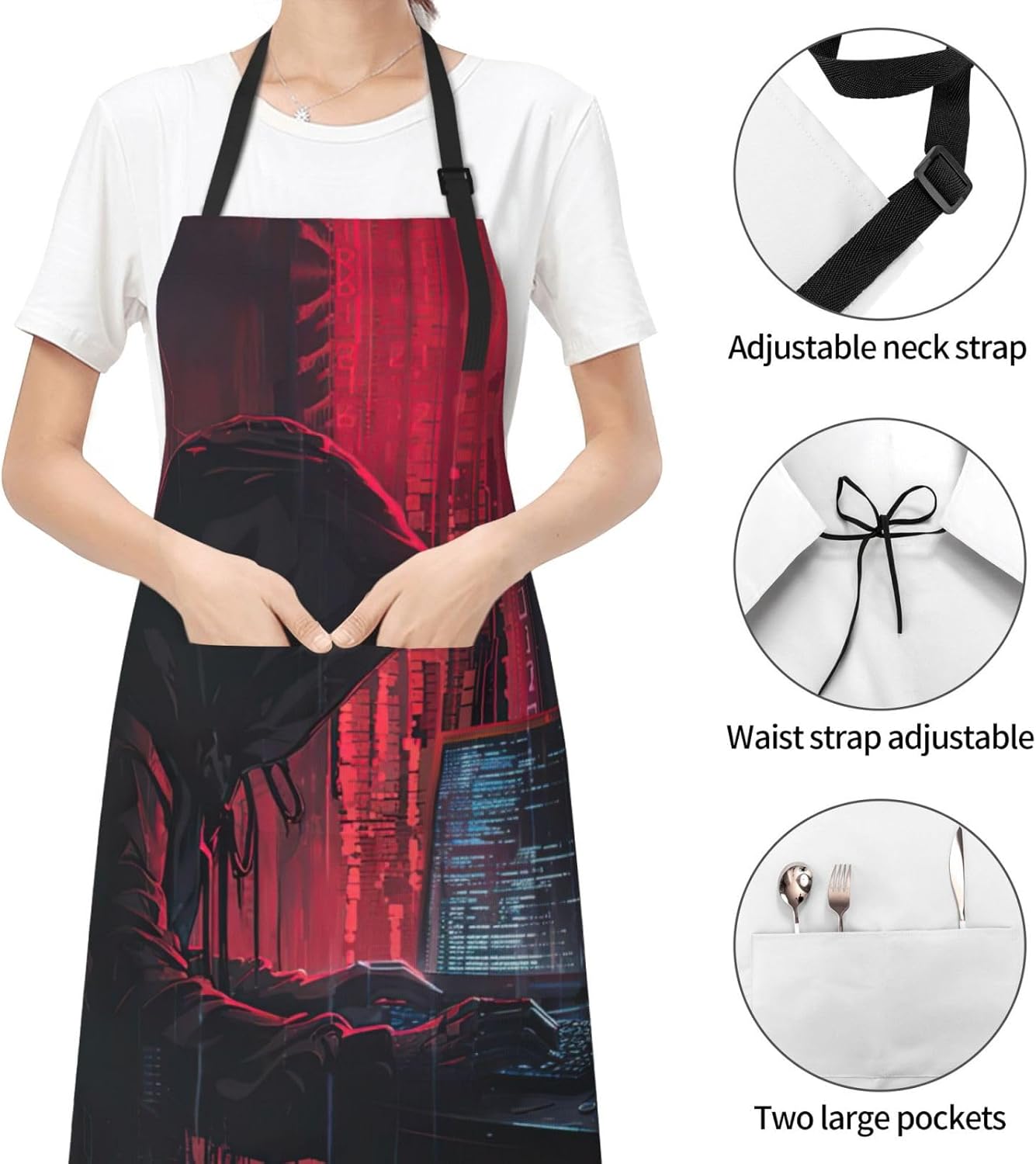 Hacker Attack print Waterproof chef's apron with pocket apron for kitchen cooking baking barbecue and gardening