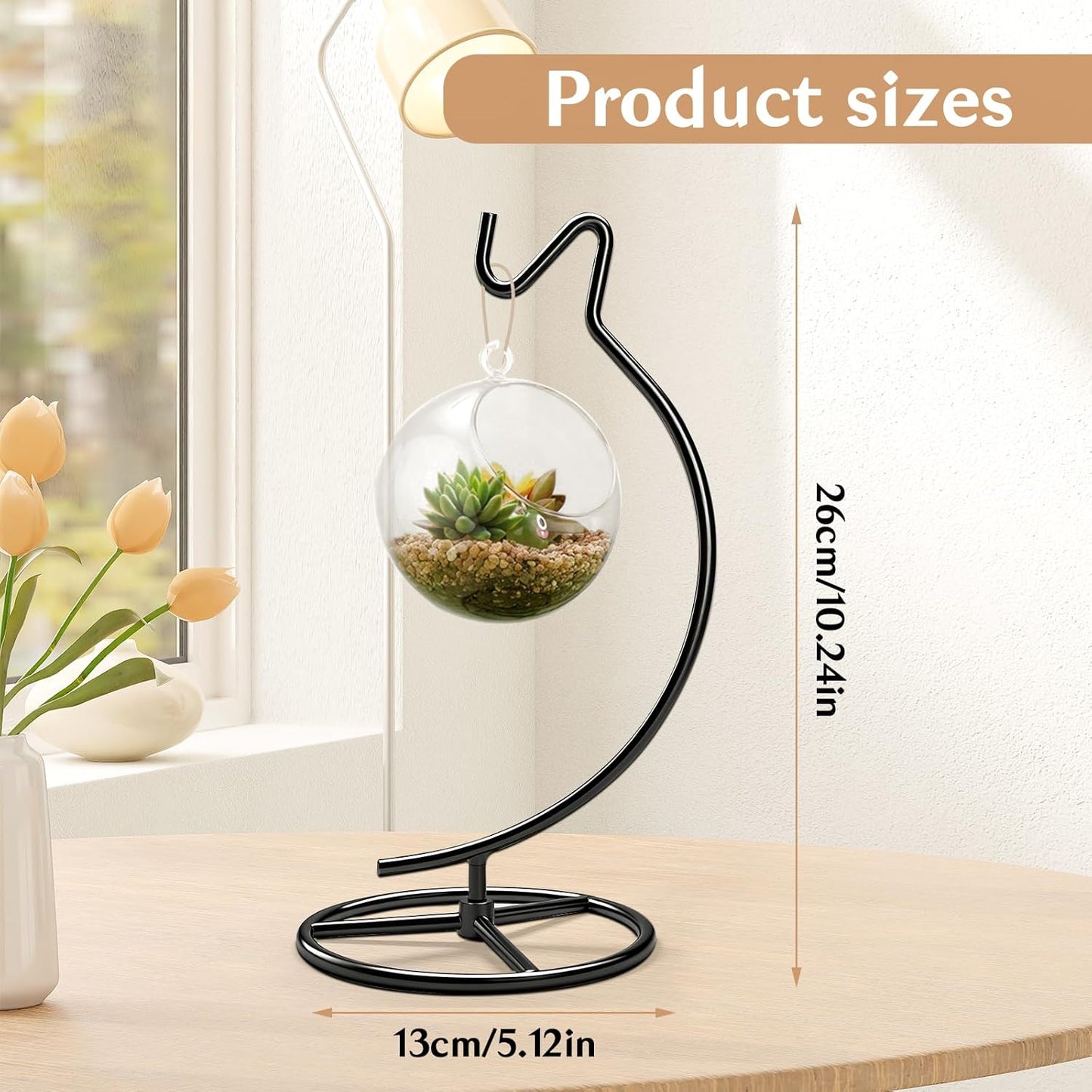 Ornament Display Stand with Hook, 11" Black Iron Hanging Stand for Air Plants, Glass Balls, Witch Balls, Terrariums, Christmas & Wedding Decorations, Home & Office Decor (black)