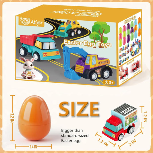 18 PCS Easter Egg Fillers with Toys Inside, Easter Basket Stuffers for Toddlers Filled Pull Back Engineering Vehicles Plastic Eggs Party Favors for Kids Egg Hunt Gift Easter Basket Essentials