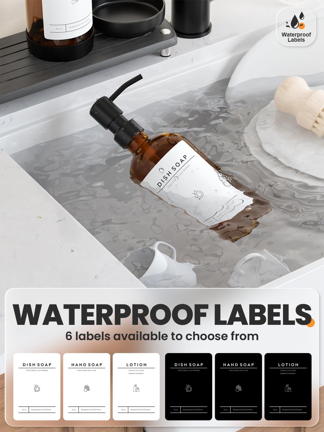 [Luxury] Kitchen Soap Dispenser Set - 16OZ Amber Glass Bottle, Stainle