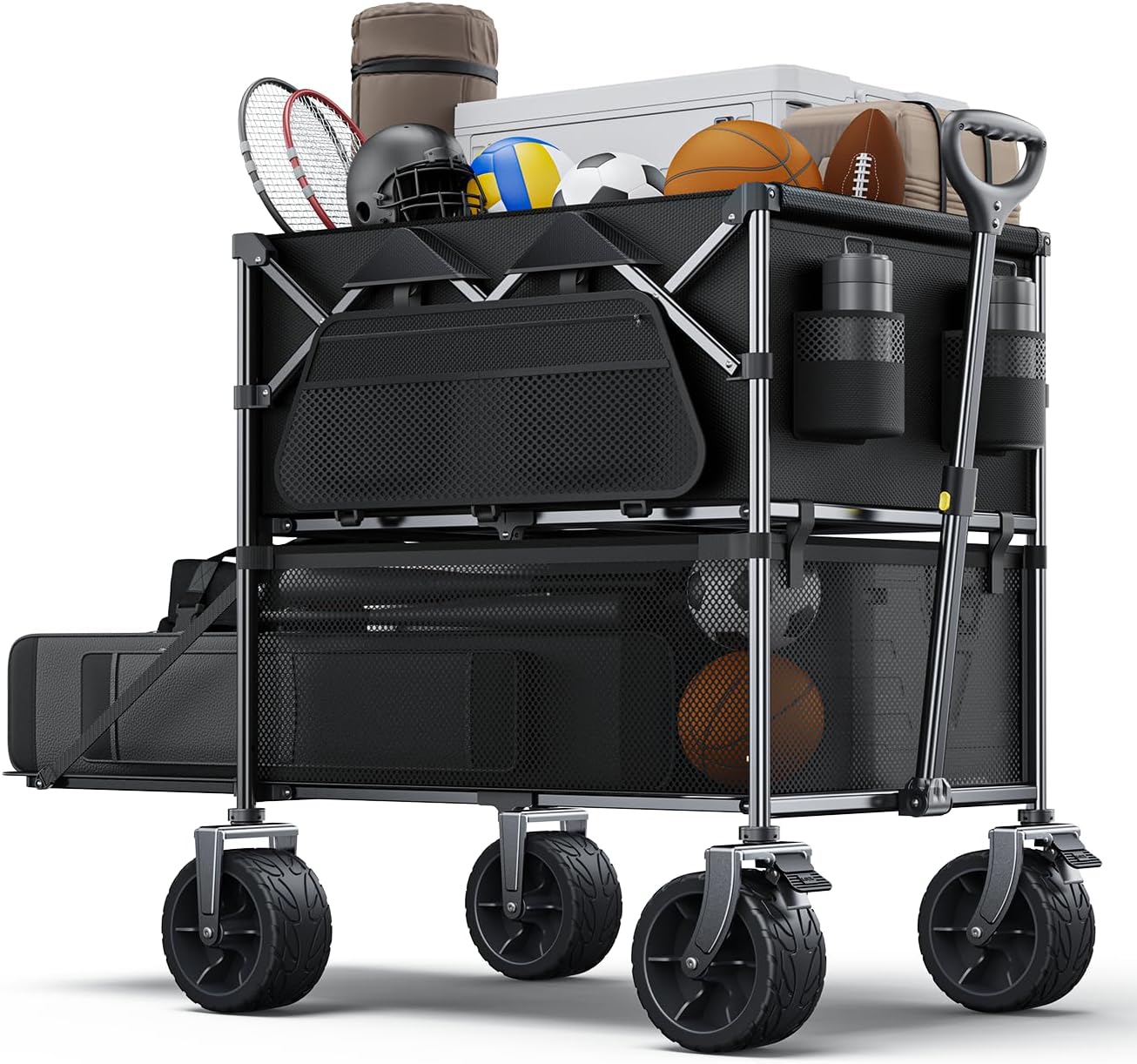 480Lbs Foldable Double Decker Wagon Cart,Beach Carts with Large Wheels&Side Storage Pocket&Dustbag,Large Capacity Folding Wagon for Shopping,Garden,Camping,Fish,Sports-Black