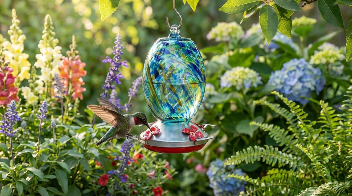 Hummingbird Feeder，34oz Crystal Blue Glass, Leakproof Outdoor Bird Feeder with Built-in Perch, Easy to Clean & Fill，Thoughtful Gardening Gift for Grandma, Women