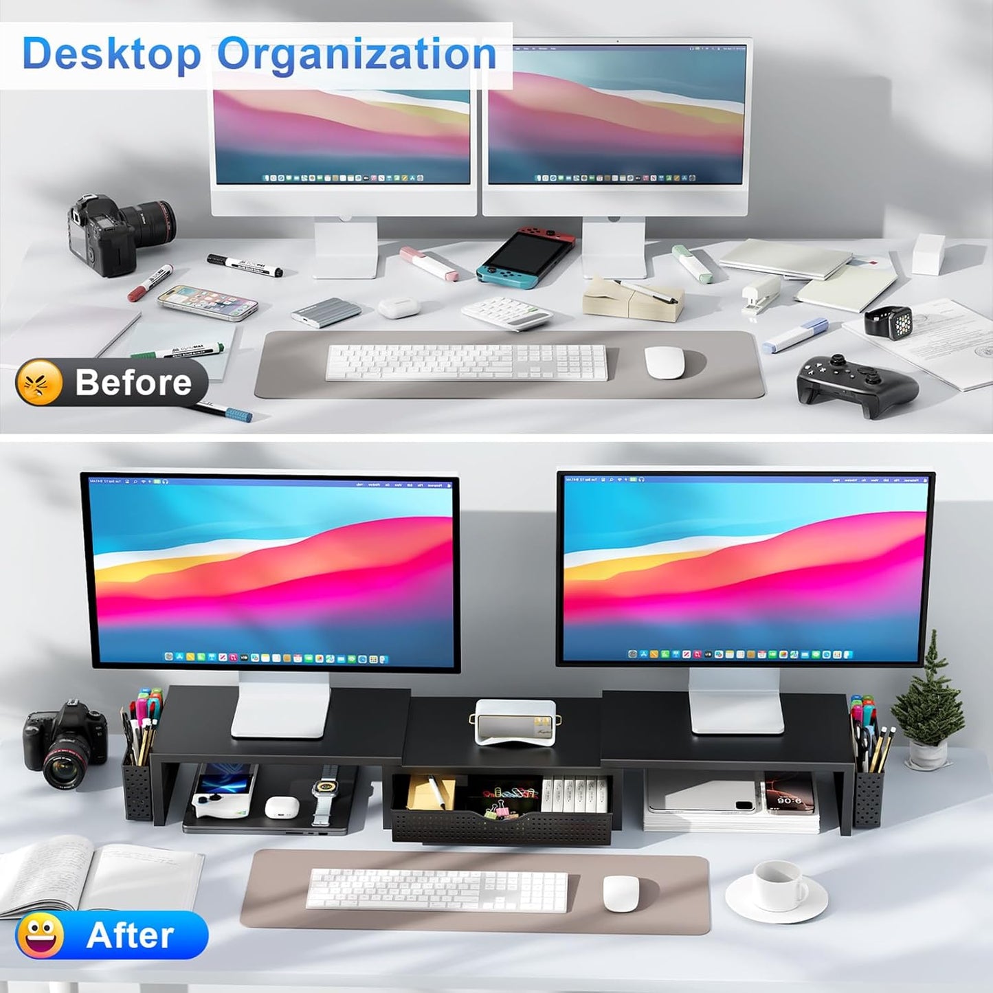 gianotter Dual Monitor Stand Riser, Desk Organizer With Drawer and 2 P