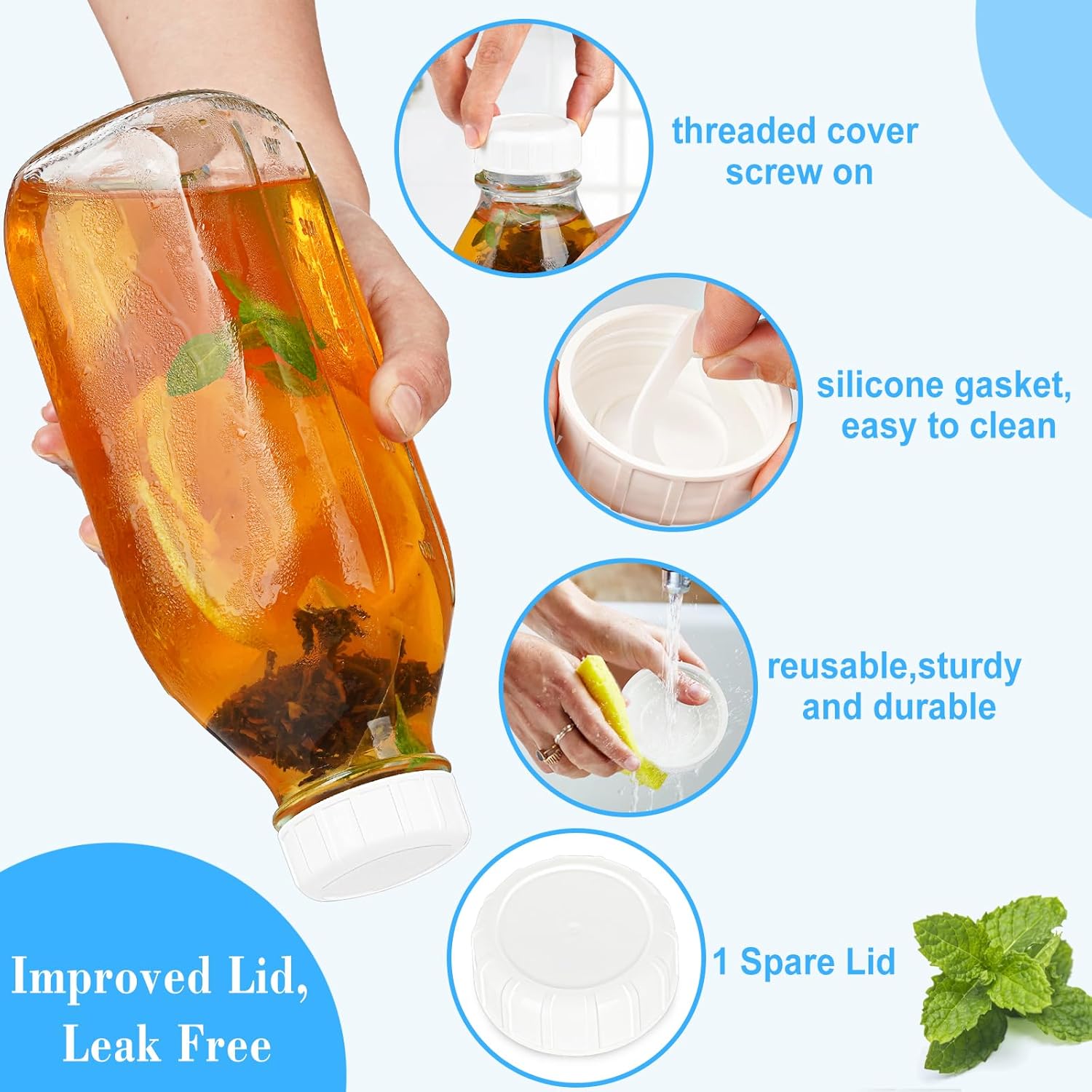 2 Pack Glass Milk Bottle with 2 Dispenser Caps, 100% Airtight Heavy Du