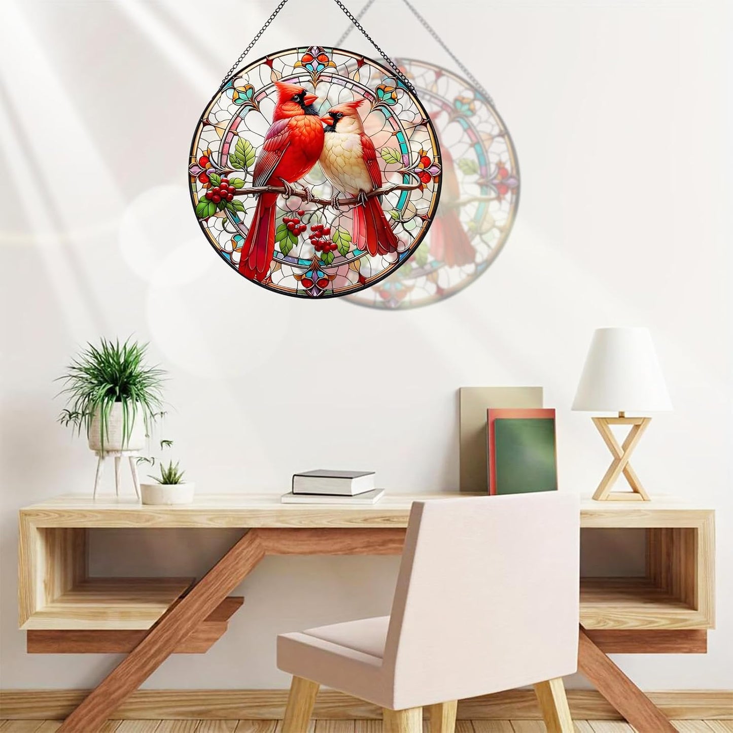 RIVEENY Cardinal Stained Glass Suncatchers for Windows Hanging,Couple Red Love Birds Sun Catchers for Christmas Ornaments, Stained Glass Cardinal Memorial Gifts for Women Mom 20cm/7.87inch