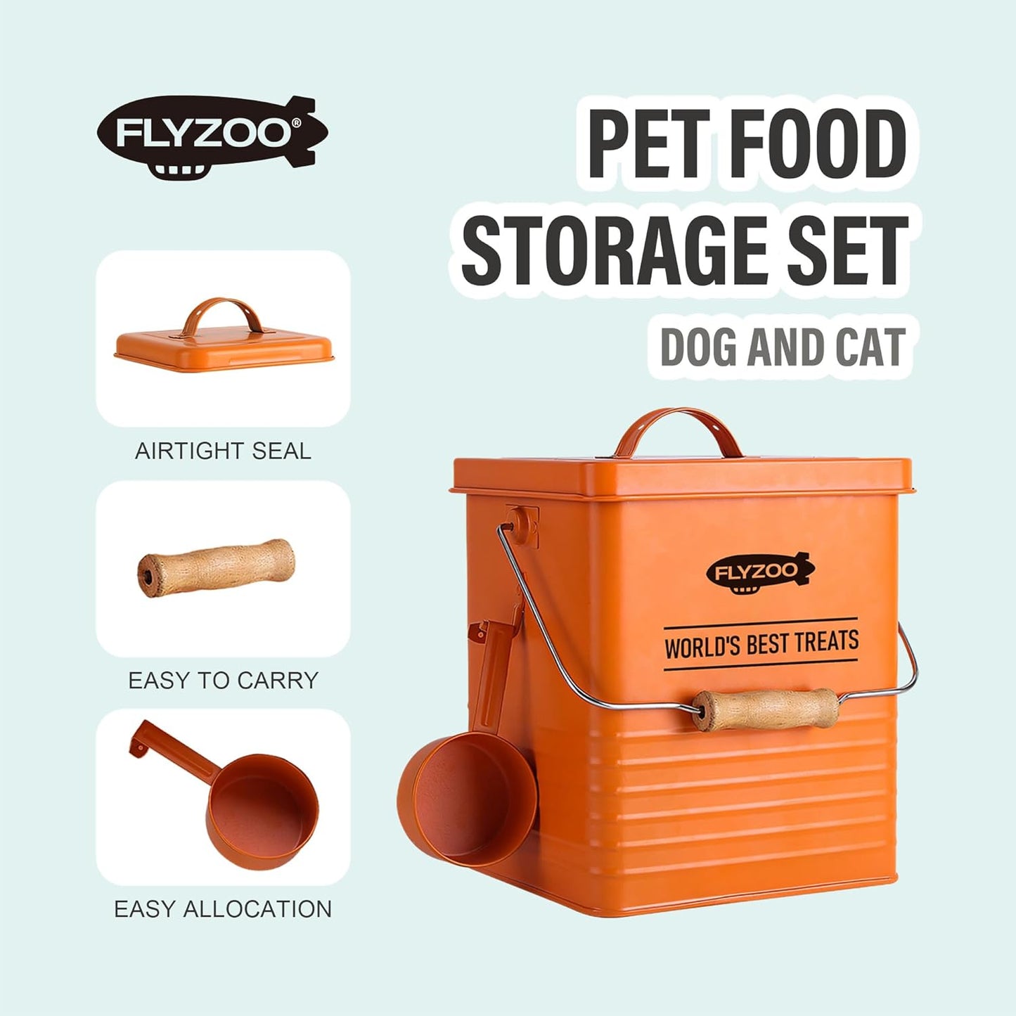 Dog and Cat Food Metal Storage Container Set, Farmhouse Pet Food Storage Containers with Lid and Dry Food Scoop (Orange)
