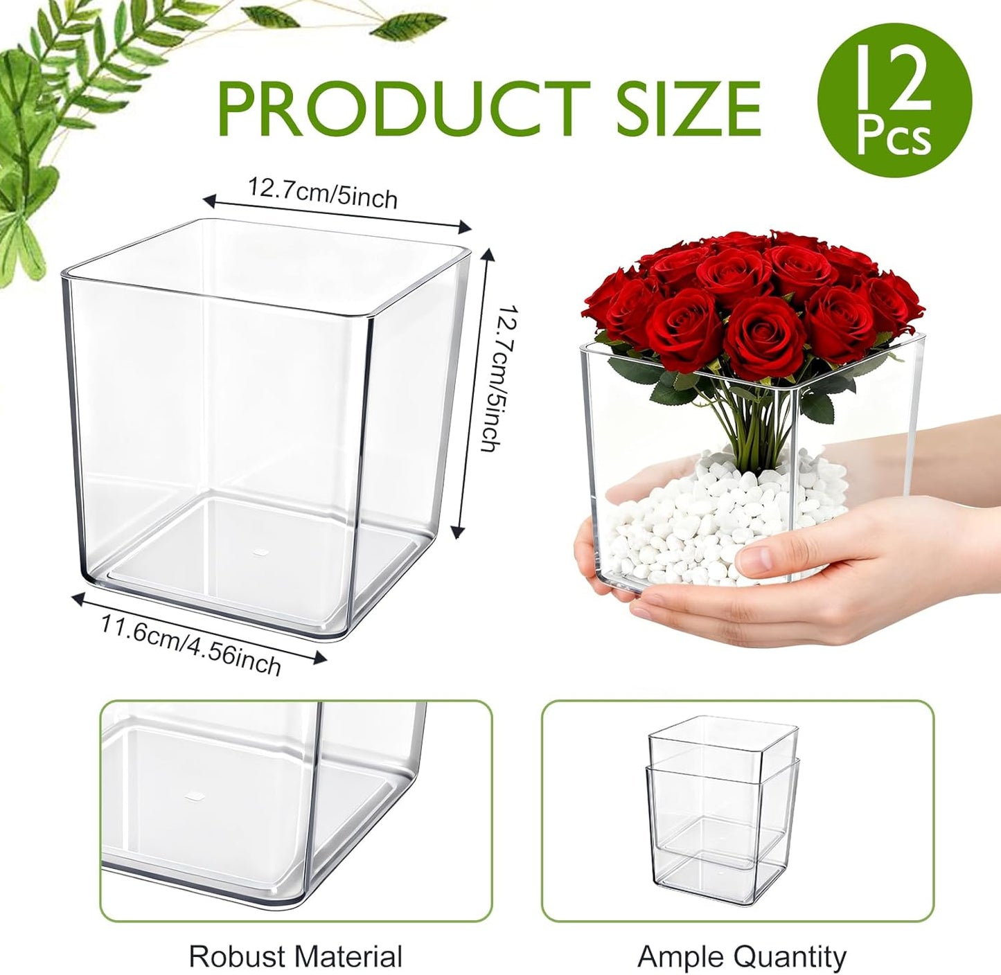 12 Pcs Clear Square Vase Bulk, 5 x 5 Inch Acrylic Plastic Vases, Cube Floral Container, Succulent Pots Planters Decor Container, for Room Office Wedding