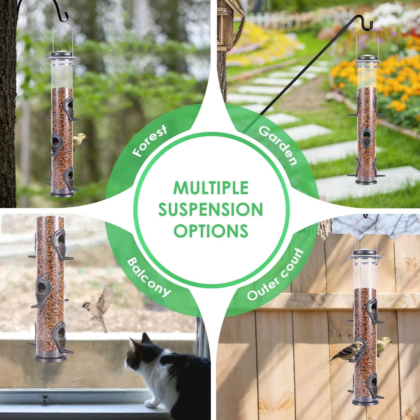 MIXXIDEA 2PK Metal Bird Feeders with 6 Feeding Ports,Tube Bird Feeder with Steel Hanger,Hard Plastic Wild Bird Feeder for Outdoors Hanging, Attracting Birds in Your Lawn, Garden, Balcony (Grey)