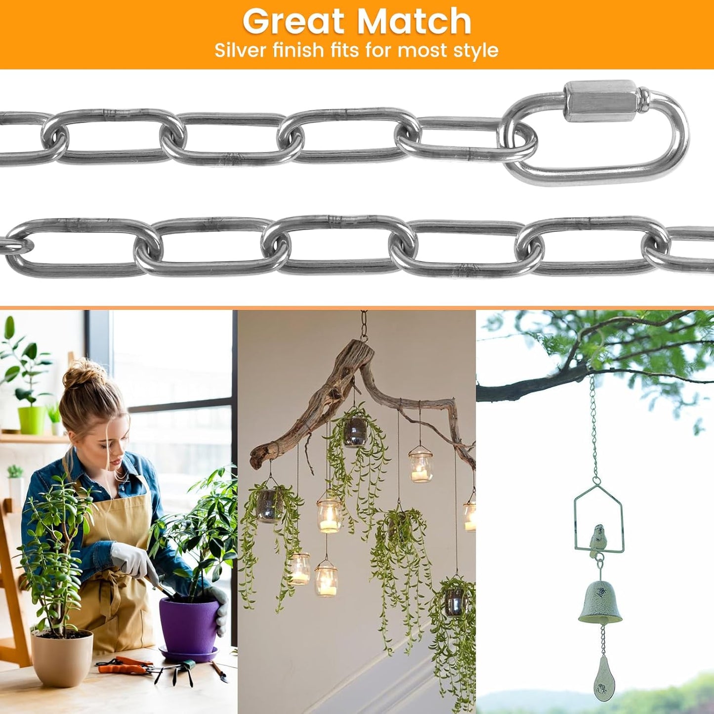 6 Feet Small Metal Chain with Hooks, 120 Pounds Light Weight Chain Link, 1/8 Inch Thin Adjustable Stainless Steel Chain for Bird Feeder, Plant, Fruit Basket Decorative Hanging, Silver