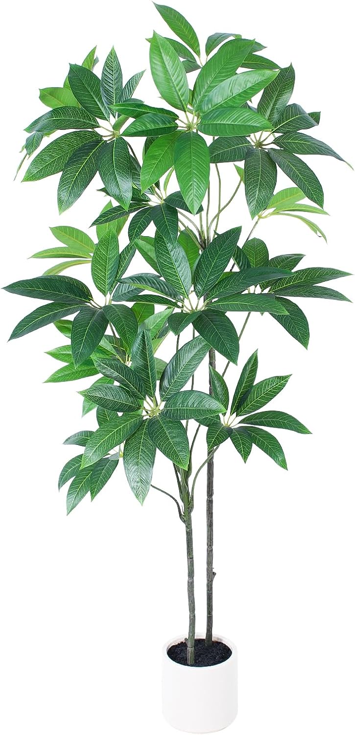 Artificial Fortune Tree - 5 FT Fake Tree with White Planter - Large Faux Plants Indoor Outdoor - Artificial Plants Indoor pots for Home Office Living Room Decor