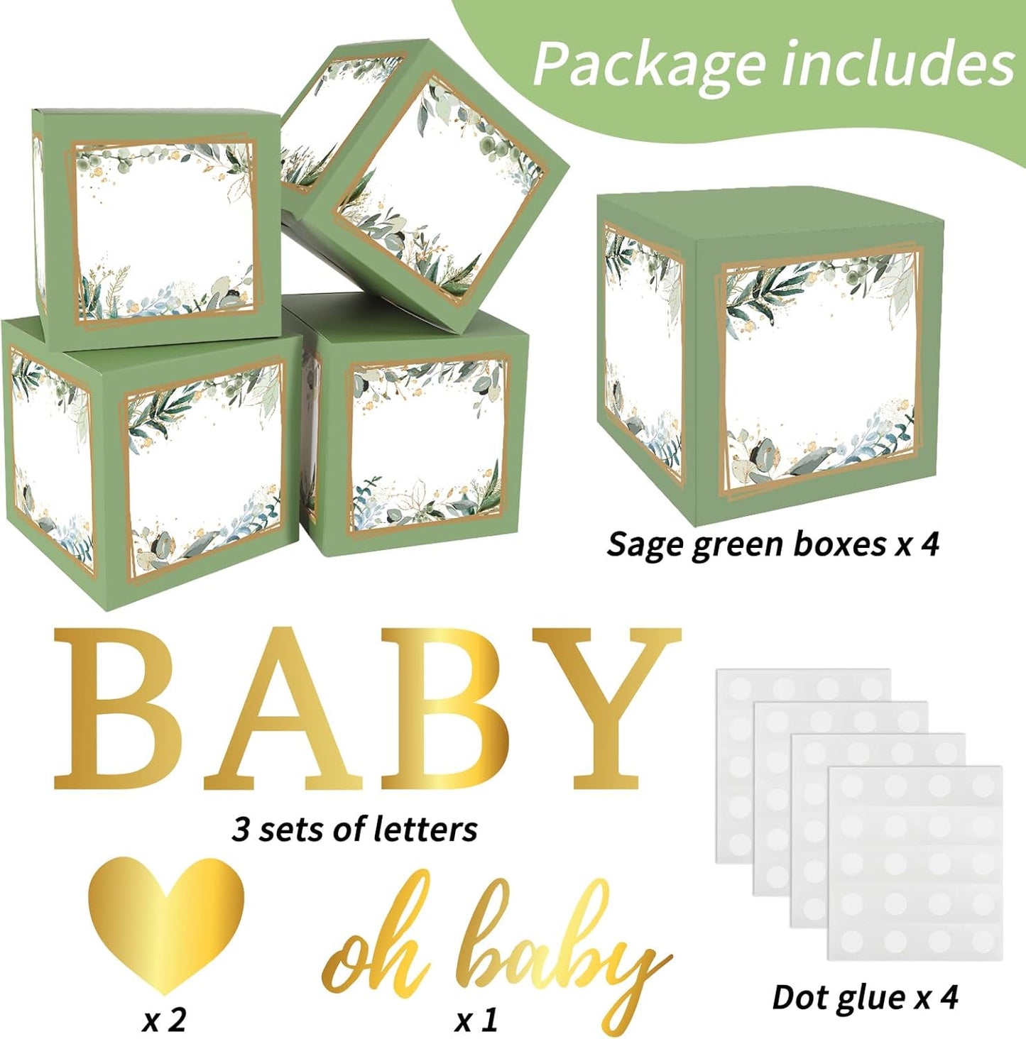 RUBFAC Sage Green Baby Boxes with Letters for Baby Shower, 4pcs Safari Baby Shower Decorations for Boy Girl Balloon Boxes Gender Reveal Birthday Party Favors