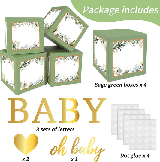 RUBFAC Sage Green Baby Boxes with Letters for Baby Shower, 4pcs Safari Baby Shower Decorations for Boy Girl Balloon Boxes Gender Reveal Birthday Party Favors