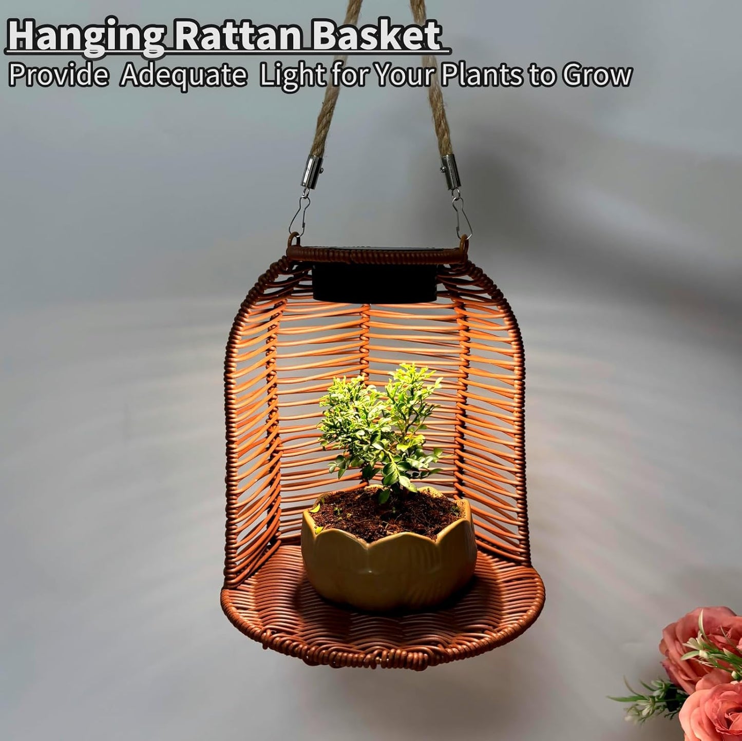 Solar Wicker Lantern, Hanging Planter for Indoor Plants Waterproof Rattan Plant Pots with Solar Lights for Outdoor Hanging Basket for Plants Automatic Charging Lanterns (Dark Brown)