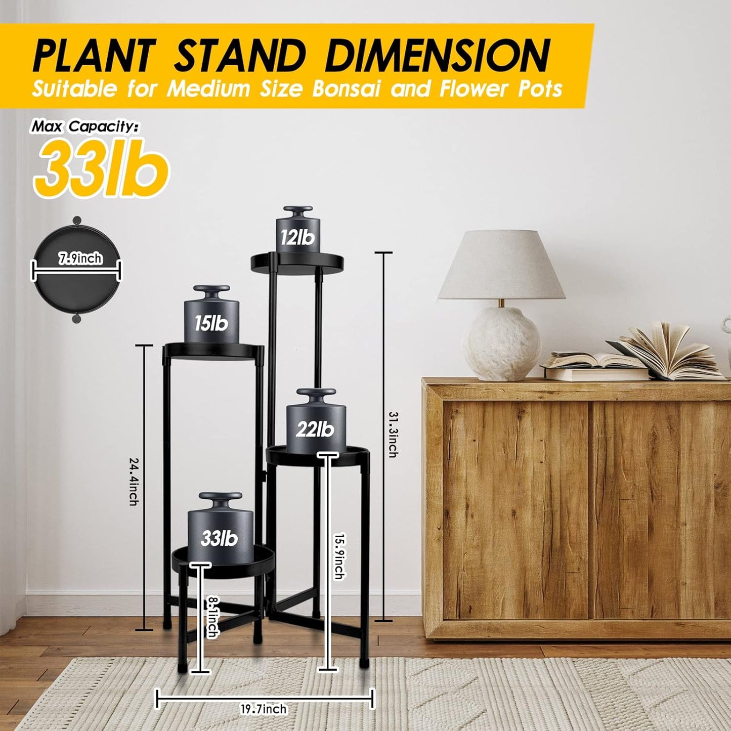 4 Tier Plant Stand Indoor Outdoor, 31 Inch Tall Metal Plant Shelf Waterproof, Plant Holder with Folding Design For Home, Living Room, Black