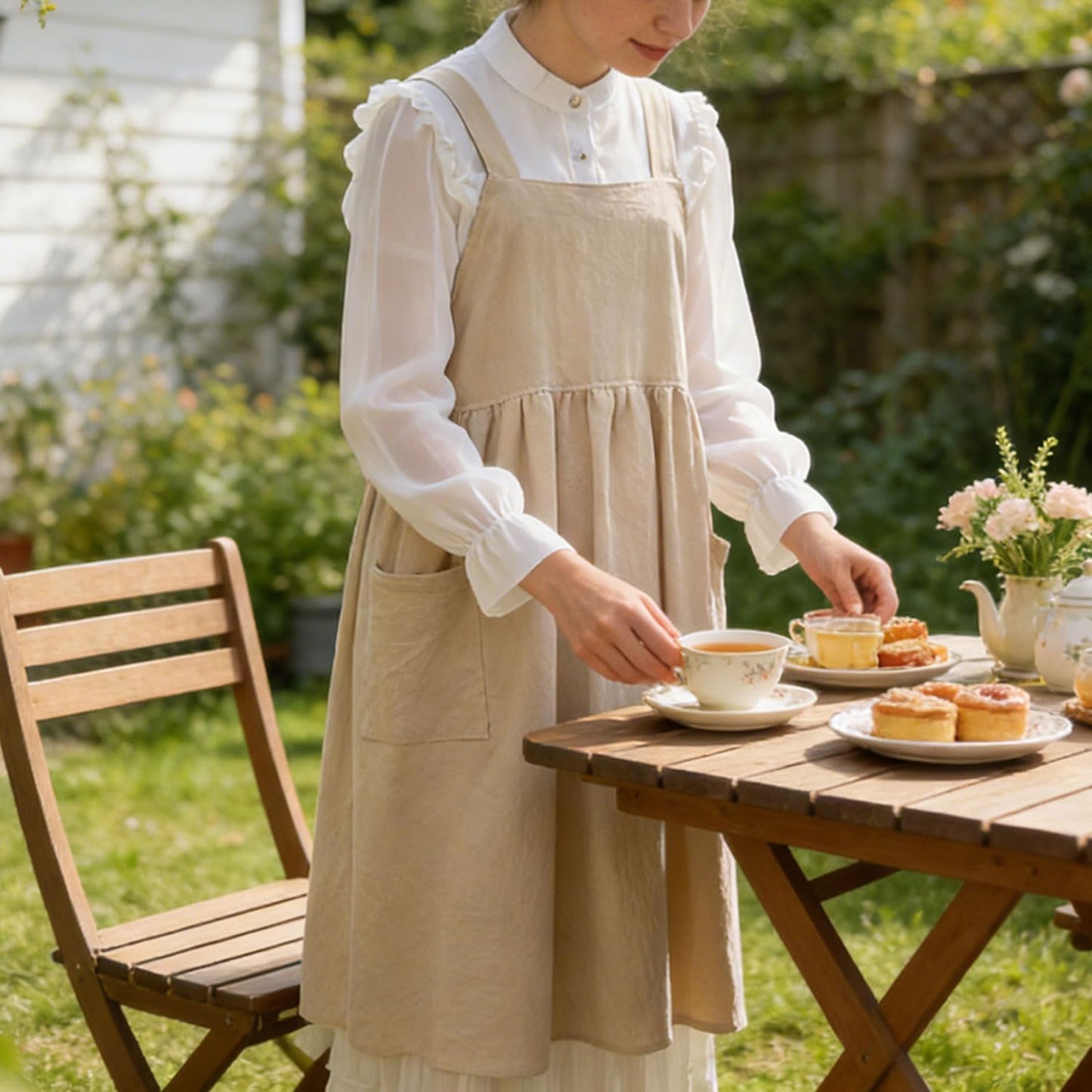 Uaussi Cotton Linen Apron Cross Back Work Apron for Women with Pockets