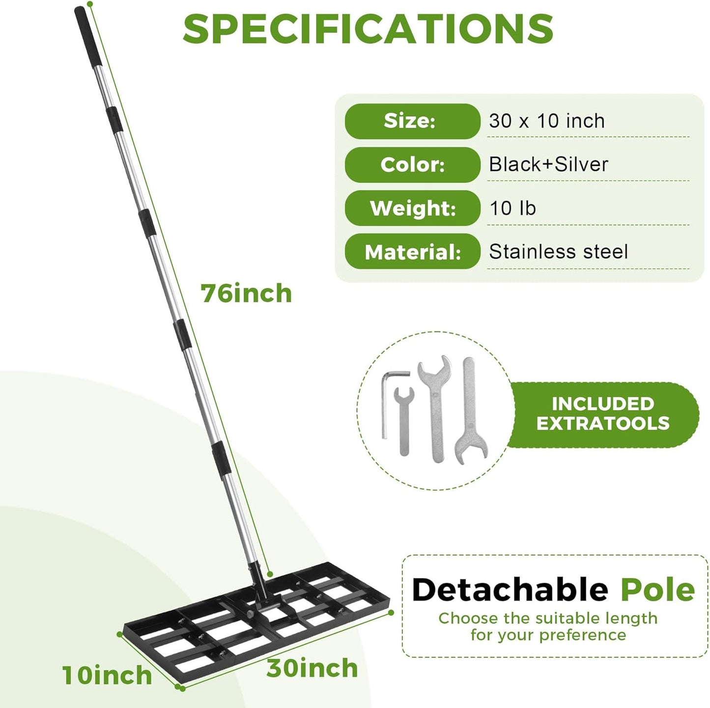 Lawn Leveling Rake, 30"x10" Stainless Steel Lawn Leveler with 76" Adju