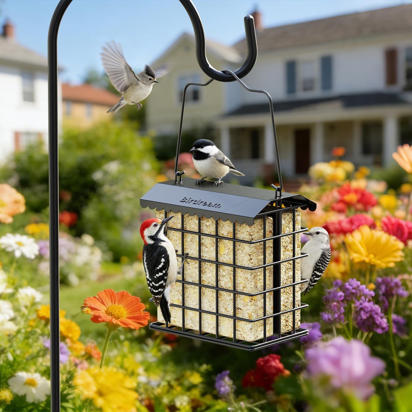 Birdream Double Suet Feeders for Outside Hanging Bird Feeder with Weatherproof Roof Holds 2 Suet Cakes Bird Cage for Outdoors Attract Woodpeckers Goldfinches Chickadees 1-Pack Black