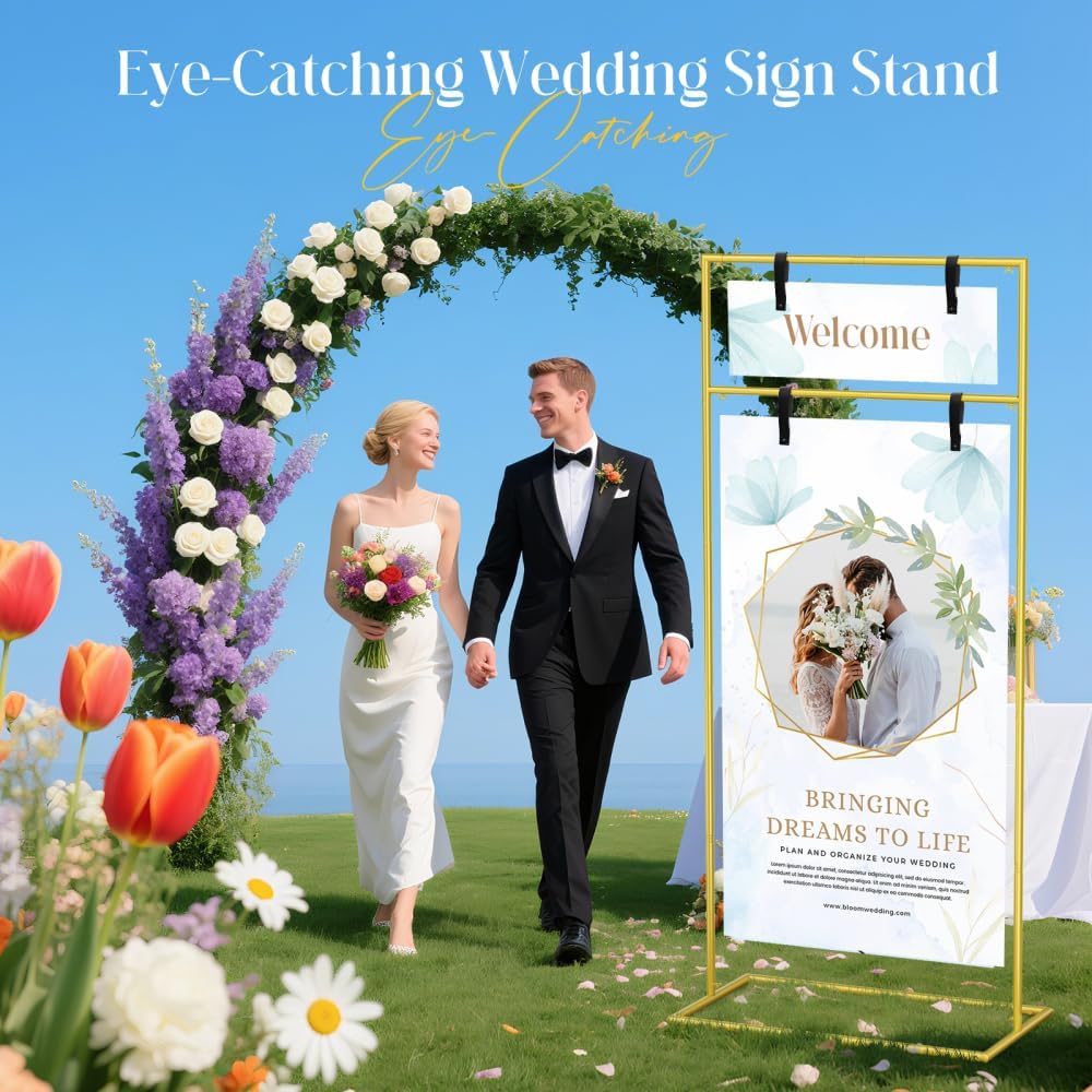 Gold Wedding Welcome Sign Stand 79"x32"x16" - Heavy Duty Metal Easel Display Holder with 2 Pairs of Leather Straps & Satin Ribbon for Wedding, Bridal Shower, Birthday Party, Baby Shower or Any Event