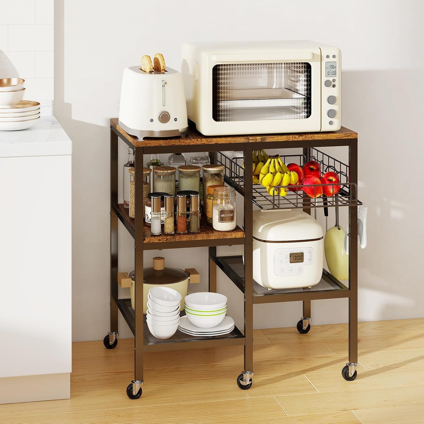 Hadulcet 4-Tier Adjustable Microwave Stand with Storage on Wheels - Rolling Kitchen Cart & Mobile Coffee Bar, Standing Baker's Rack for Kitchen Island, Office, Living Room