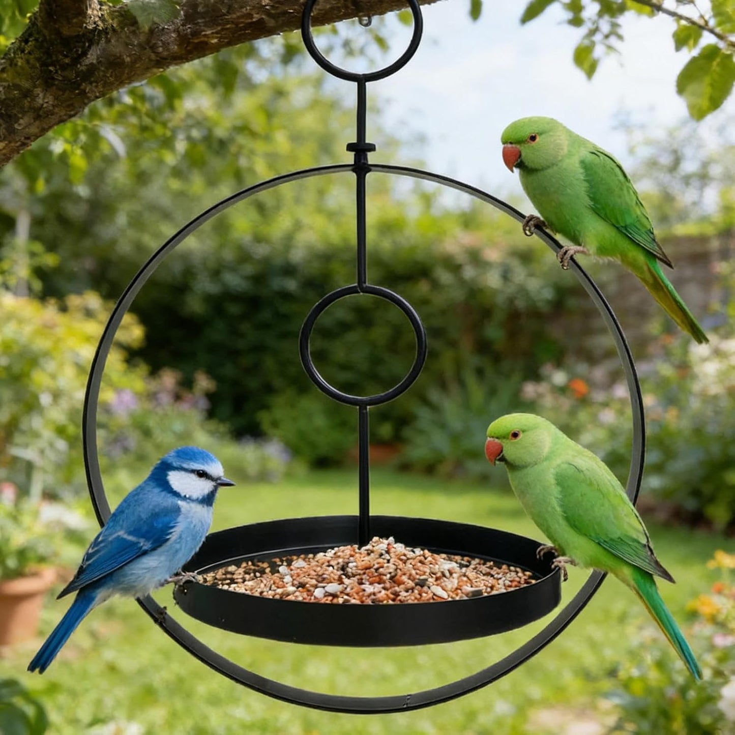 Bird Feeder, Metal Weatherproof Ring Design Feeding Tray with Hooks for Wild Birds, Garden, Patio, Aviary, Finch, Parrots, Pet Outdoor & Indoor Décor