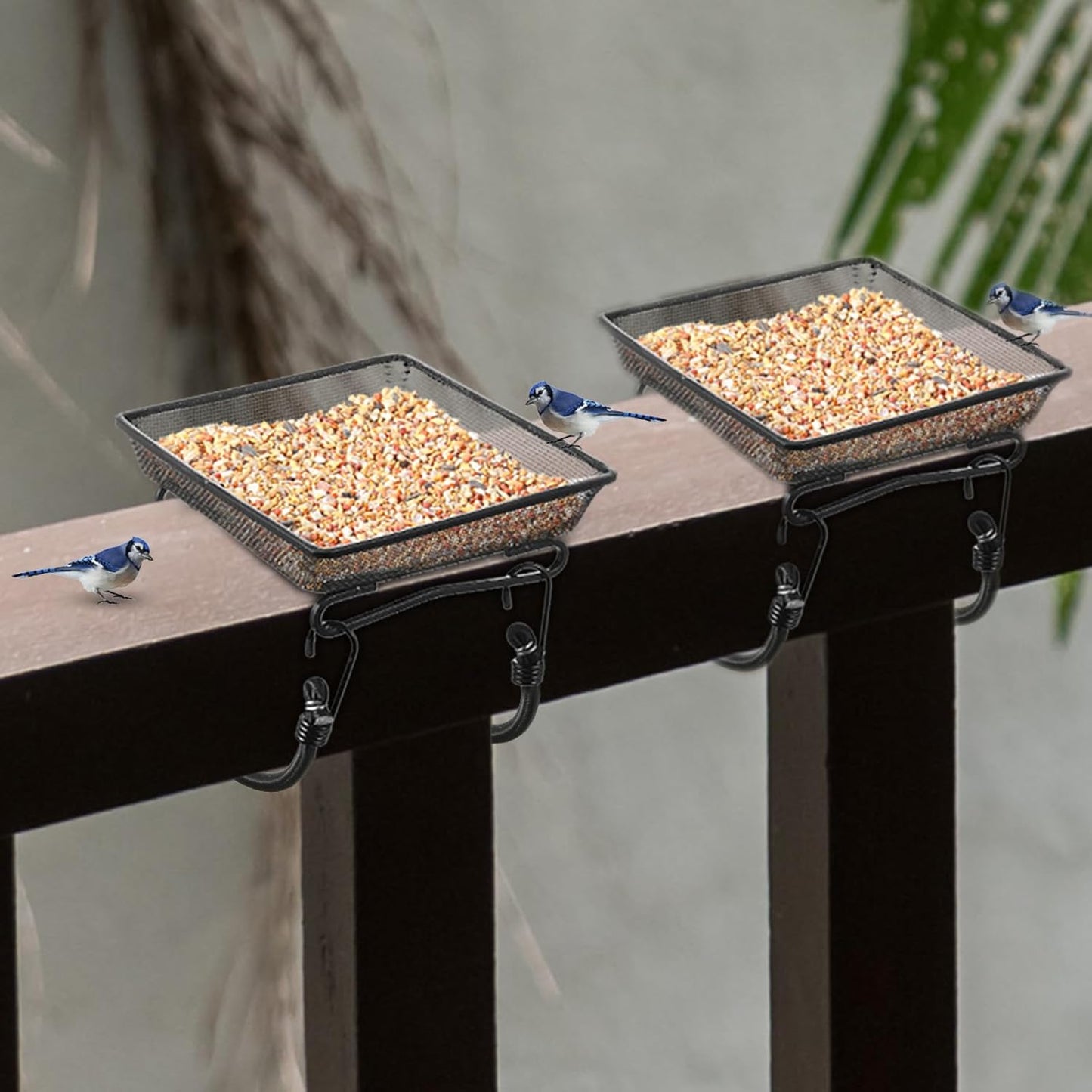 2 Pcs Deck Railing Bird Feeder Tray for Balcony 7 x 7 x 2 Inch Compact