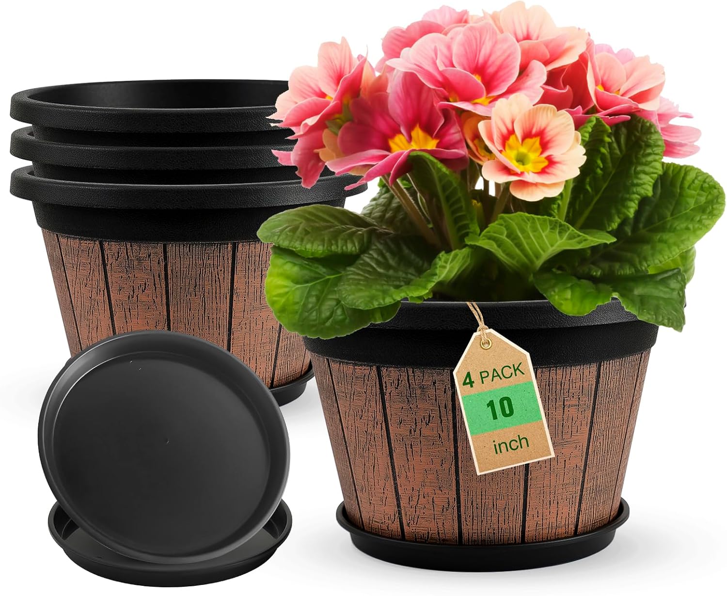 Quarut 4 Pack 10 inch Plant Pots,Upgrade Whiskey Barrel Planters with 