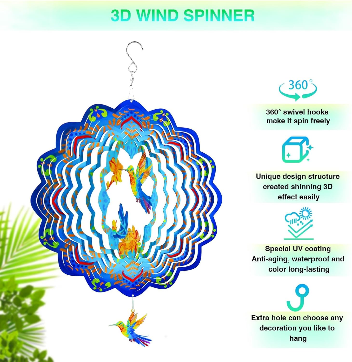 Wind Spinners,12 inch Hummingbird with 360° Swivel Hook for Yard and G