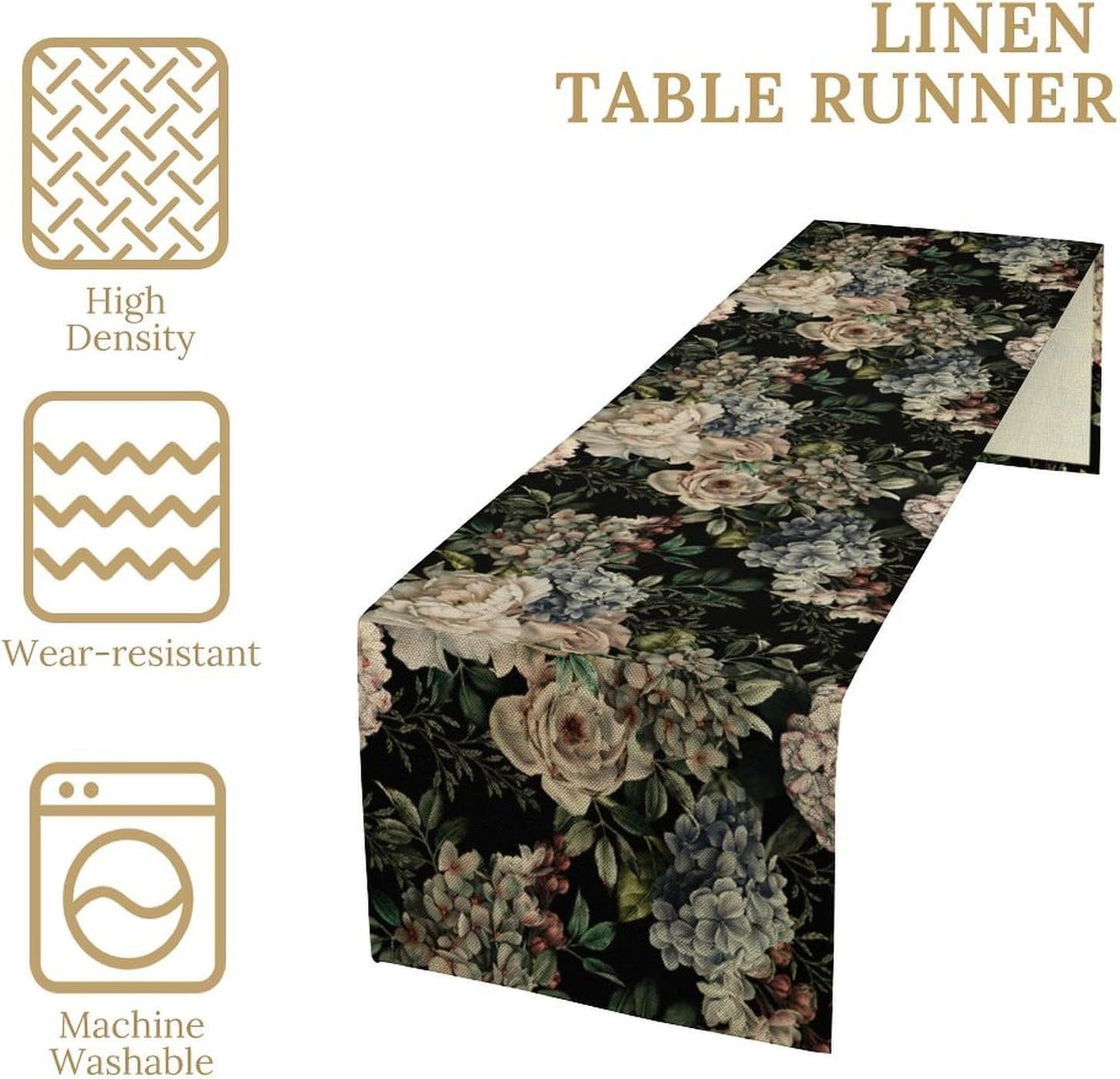 Retro Floral Table Runner, Dark Watercolor Flowers Boho Gothic Botanical Plant Art Table Runner for Indoor Outdoor Dinner Party Decor, 13x70inch