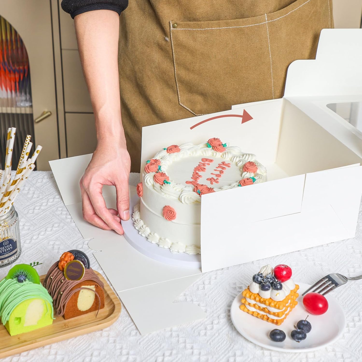 Moretoes 24pcs Cake Boxes, 10x10x5 Inches White Square Bakery Boxes wi