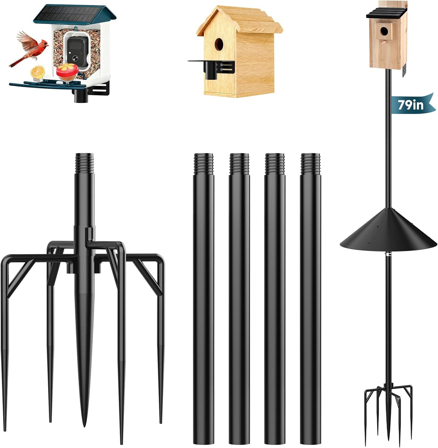 Smart Bird Feeder Pole Stand with Proof Squirrel Baffle - Dia 1 Inch Bird House Pole 79", Feeding Station for Outdoors Heavy Duty, Compatible Post Mount