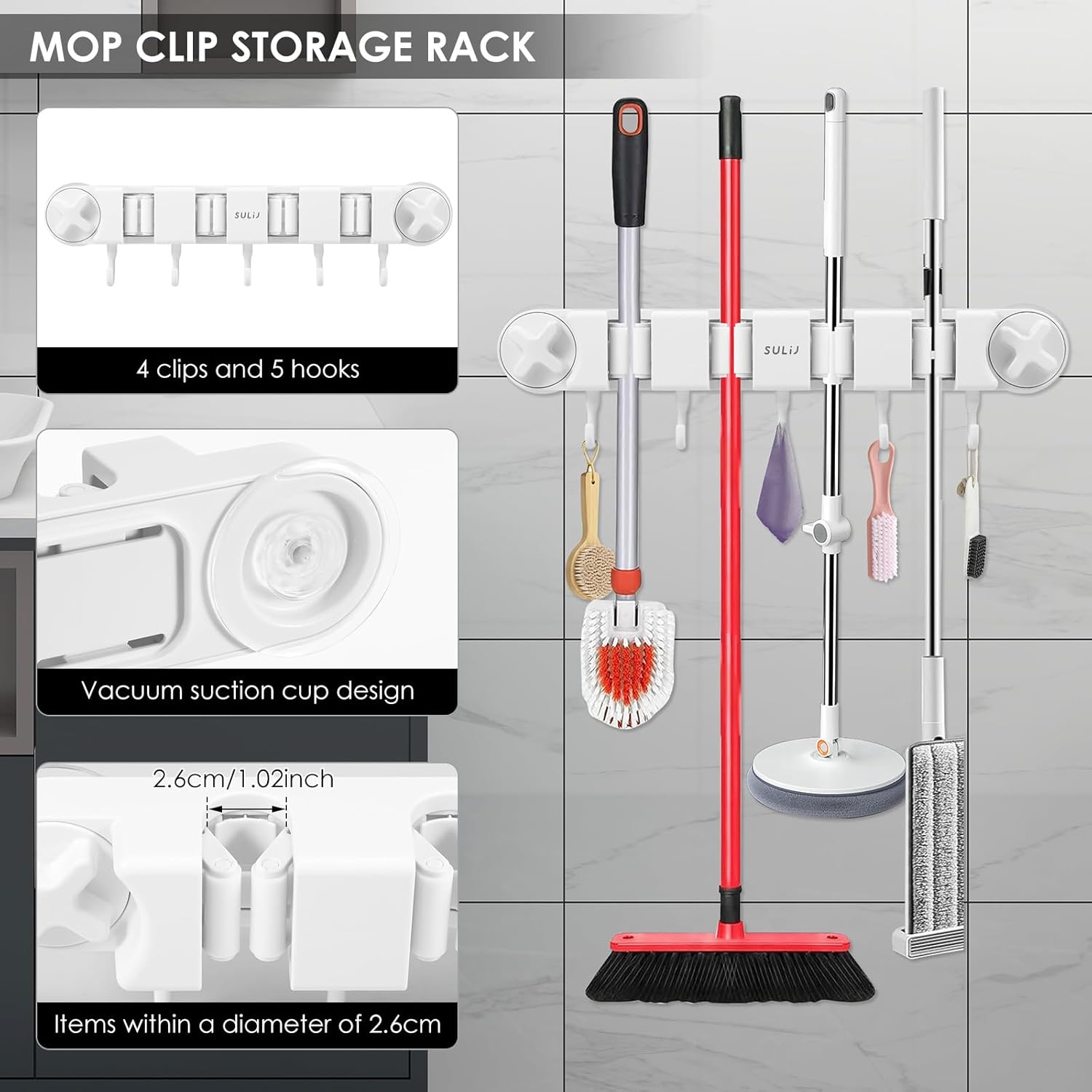 Broom Holder Wall Mount Sturdy Mop and Broom Organizer with 4 Racks an