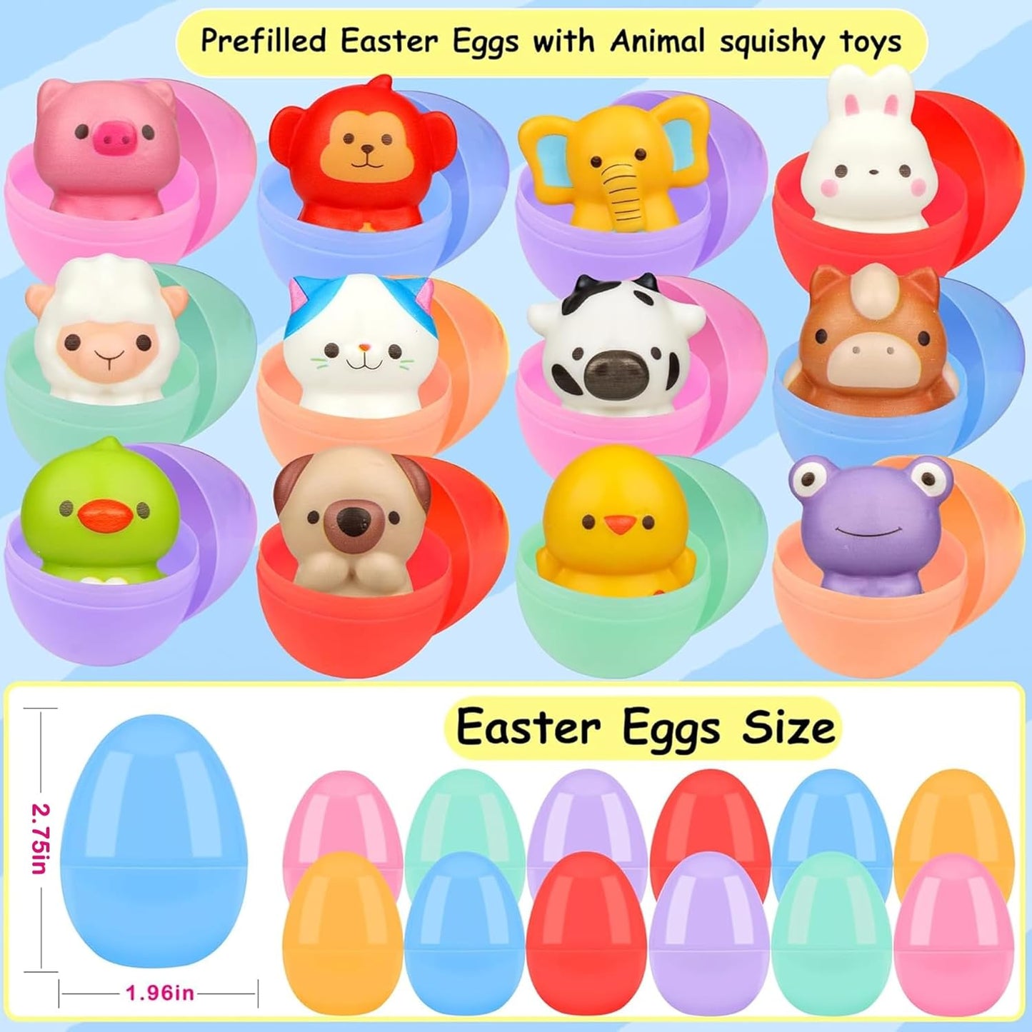 24 Pack Prefilled Easter Eggs with Animal Squishy Toys,Easter Eggs Filled for Egg Hunt,Easter Gifts for Kids,Easter Classroom Prizes, Easter Basket Stuffers
