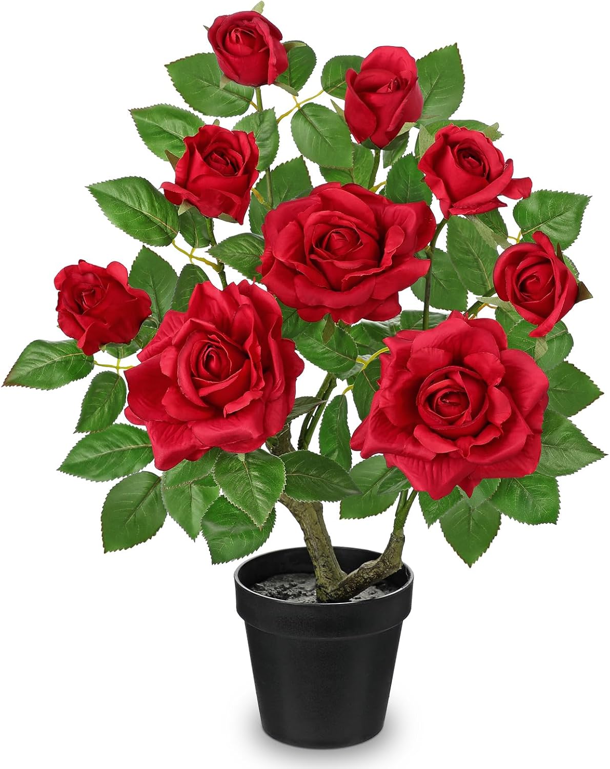 Artificial Rose Flowers Potted Plant - 17.7" Small Fake Red Roses Tree with Black Pot Indoor Outdoor Faux Plants & Flowers Silk Rose Flower Floral Arrangement for Home Table Kitchen Office Decor