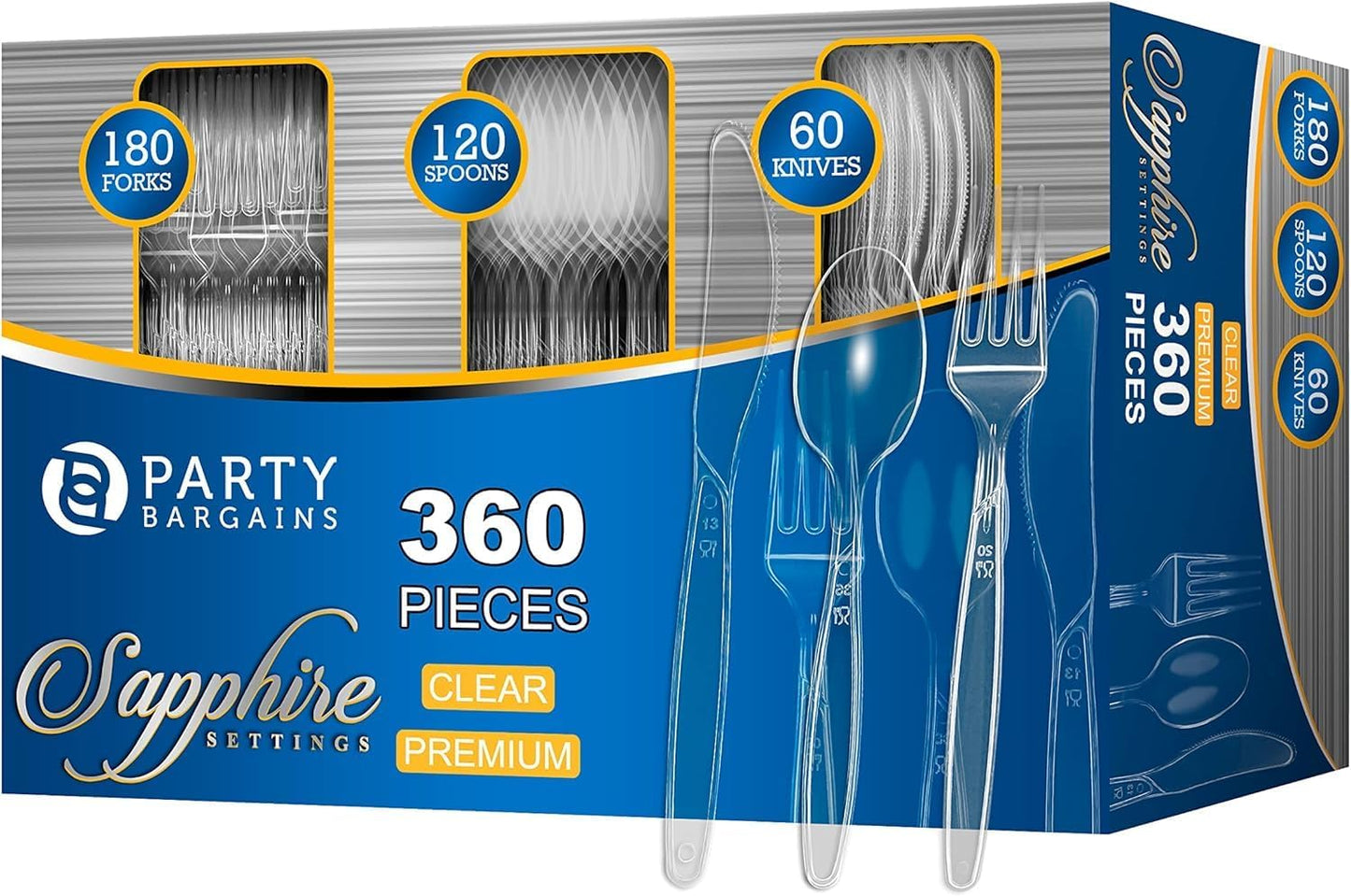 Party Bargains Disposable Cutlery set, SAPPHIRE Design, Clear Color, 3