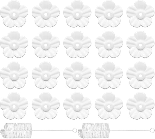 24 PCS Hummingbird Feeder Replacement Flowers with 2 Cleaning Brush, Heavy Duty Plastic Feeding Ports Parts for Outdoor Hanging Bird Feeders (White