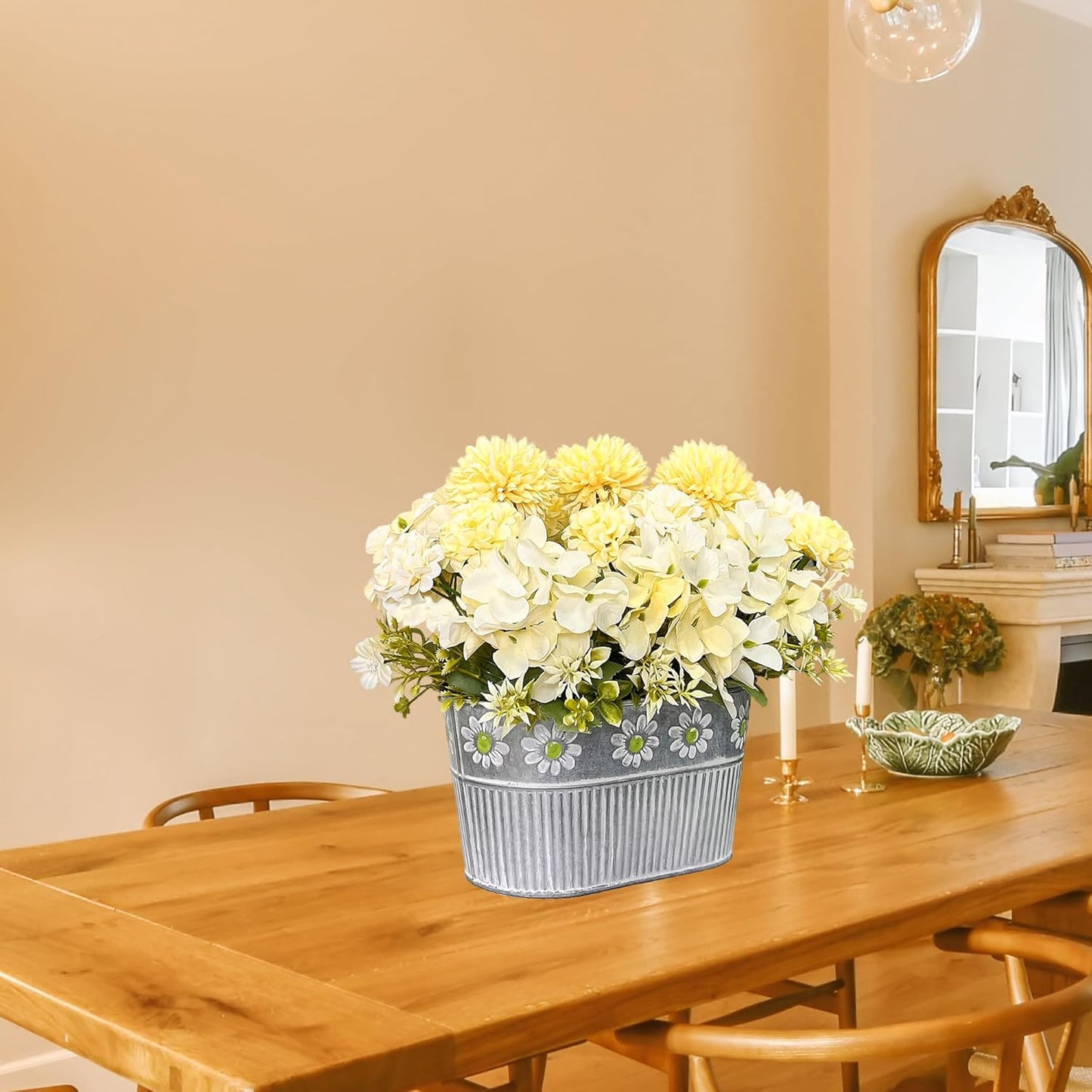 Artificial Flowers in Pot, Fake Silk Hydrangea Flower Arrangement Table Centerpiece for Home Decoration, Yellow