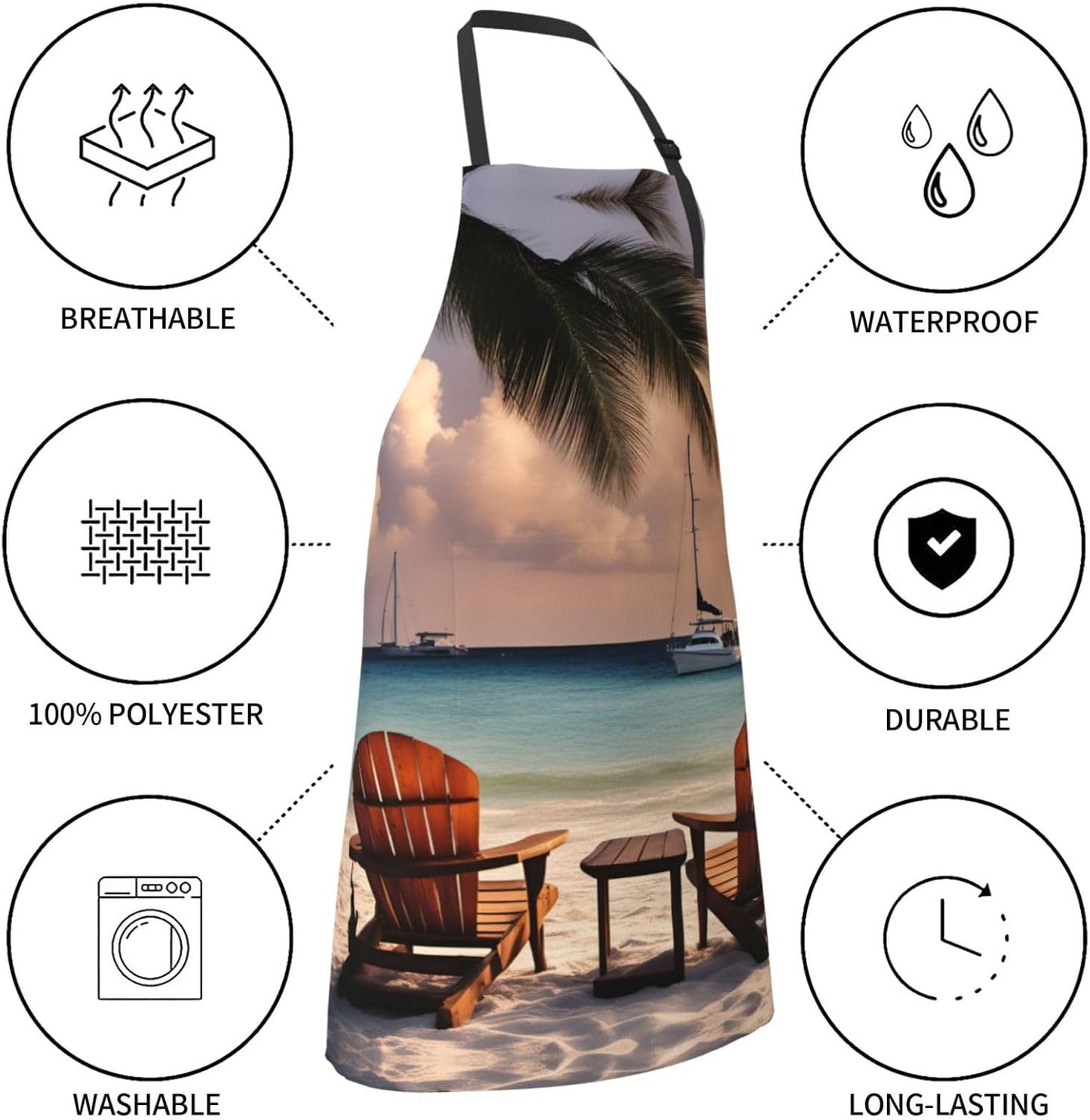 Beach Palm Tree Chairs Boats print Waterproof chef's apron with pocket apron for kitchen cooking baking barbecue and gardening