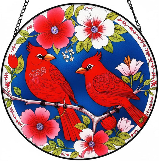 Stained Glass Window Hanging - Cardinal Stained Glass Suncatcher, Cardinal Gifts for Women-Red Bird Sun Catcher for Indoor Window Decor (12Inch)