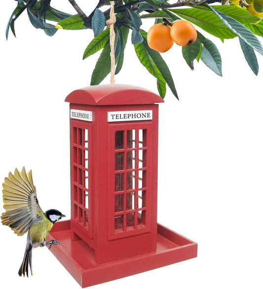 Bird Feeder - Red Telephone Box Shape Wooden Spill-Resistant Birdfeede
