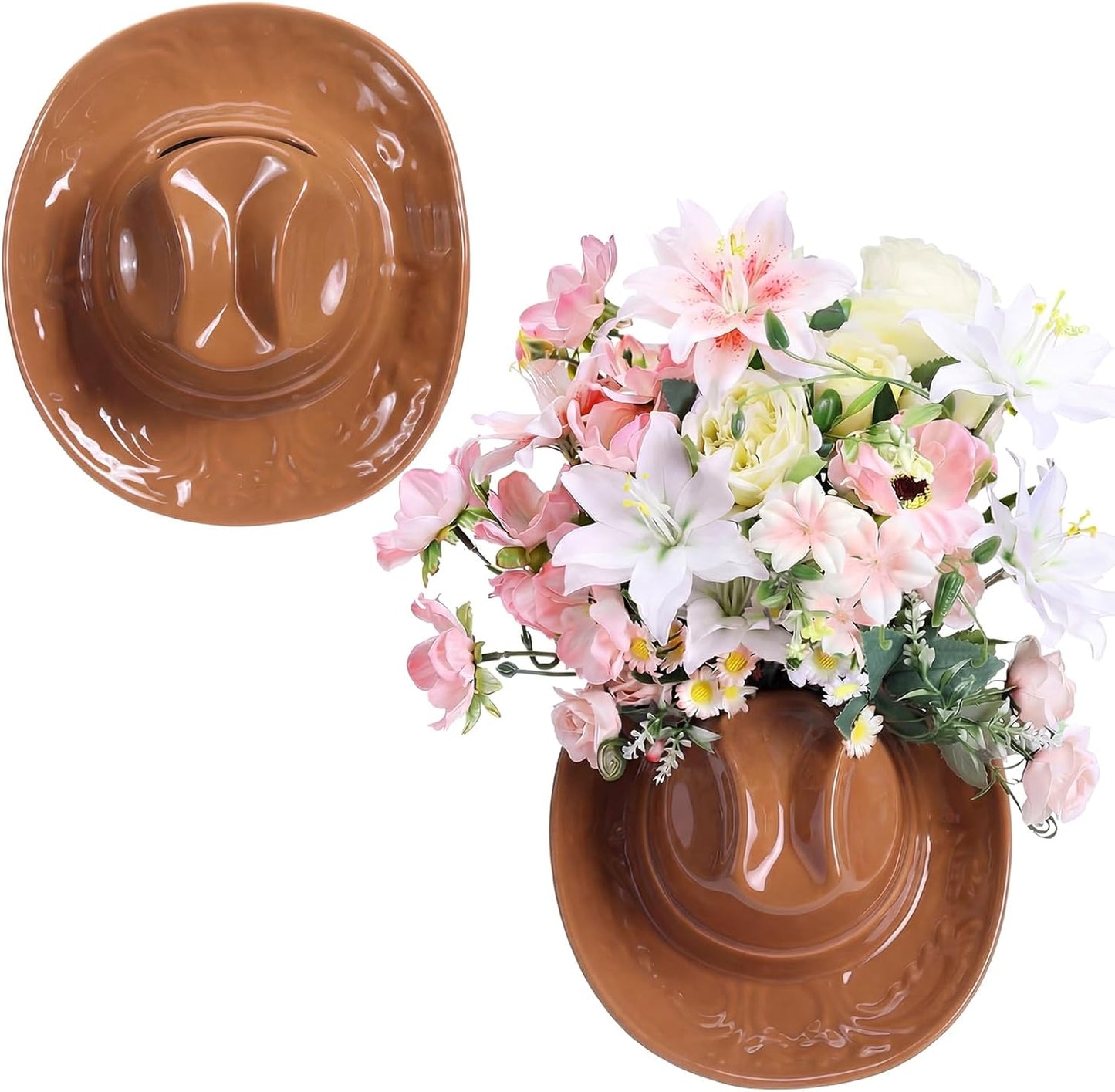 Ceramic Cowgirl Hat Vase Western Themed Hat Hanging Wall Indoor Planter Vase Flower Pot Cowboy Decoration Cowboy Party Table Centerpiece for Bathroom Living Room Office and Home Decor(Brown)