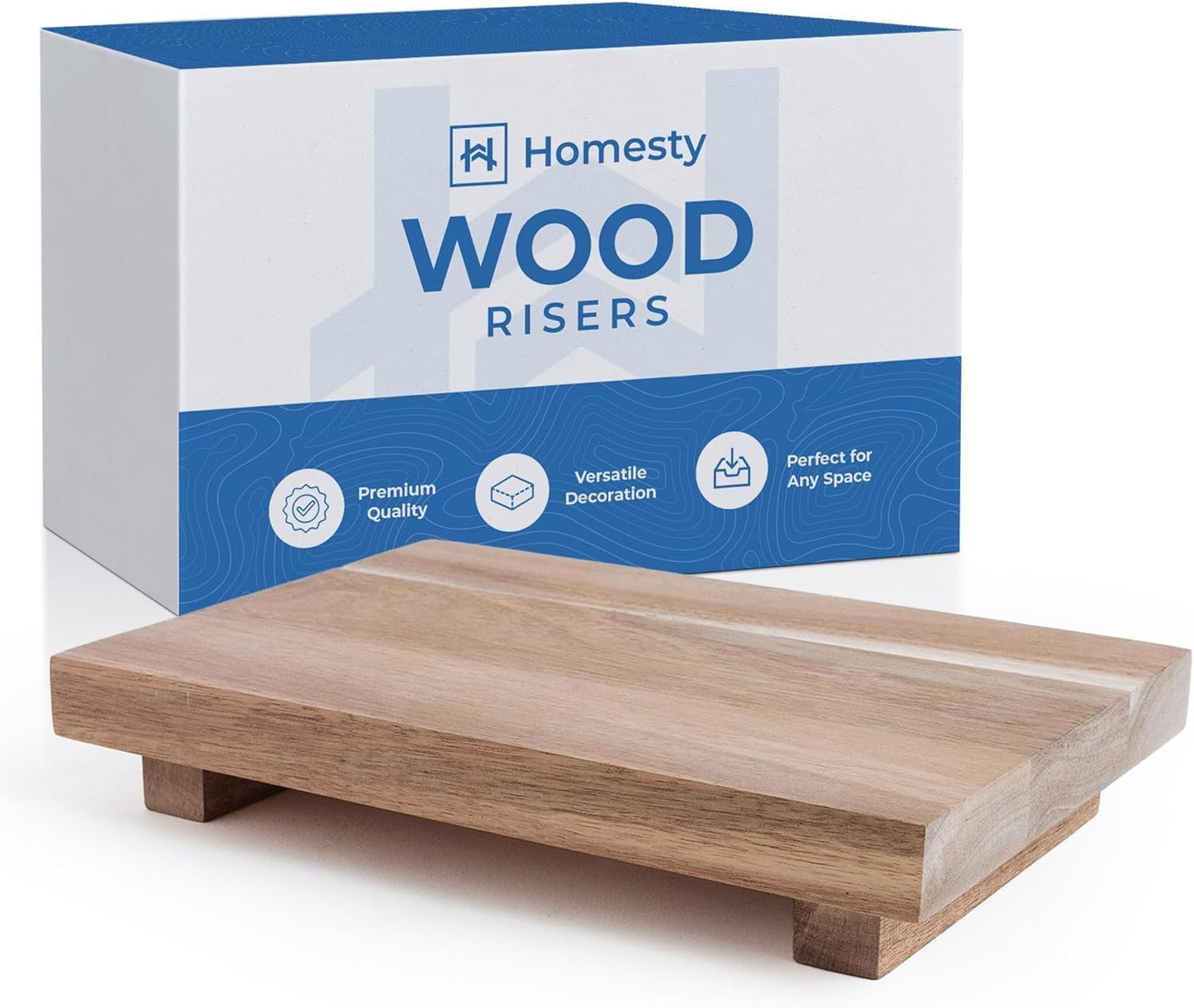 Homesty Wood Risers for Decor - Acacia Wood Tray for Kitchen Counter - Pedestal Stand for Bathroom Counter Decor - Wooden Riser, Dish Soap Tray, Soap Stand (Natural)