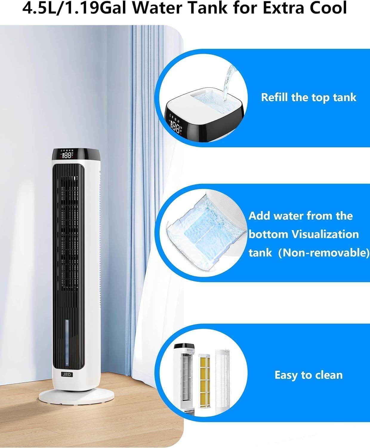 JRD 41" Evaporative Cooler with 3 Speeds, 5 Modes, Remote, 80° Oscilla