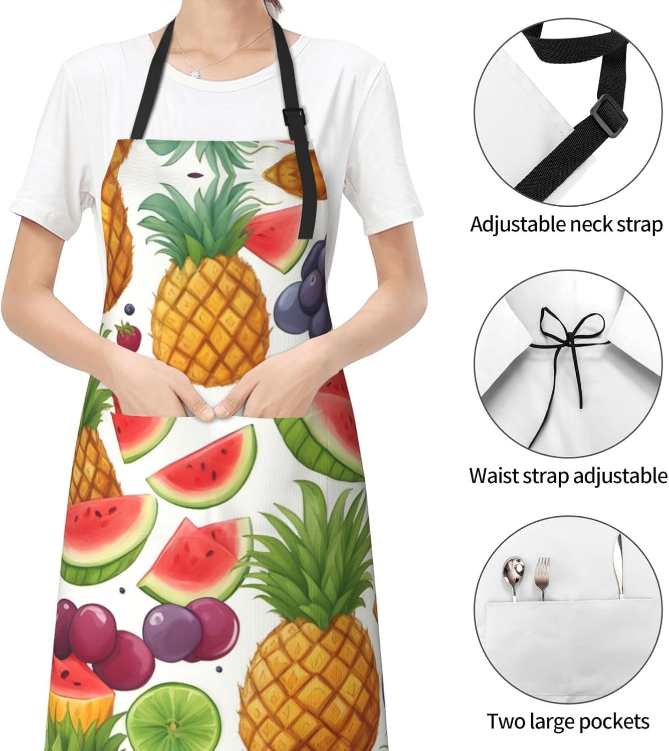 Fresh Juicy Fruits Pineapple Berries Grape Orange print Waterproof chef's apron with pocket apron for kitchen cooking baking barbecue and gardening