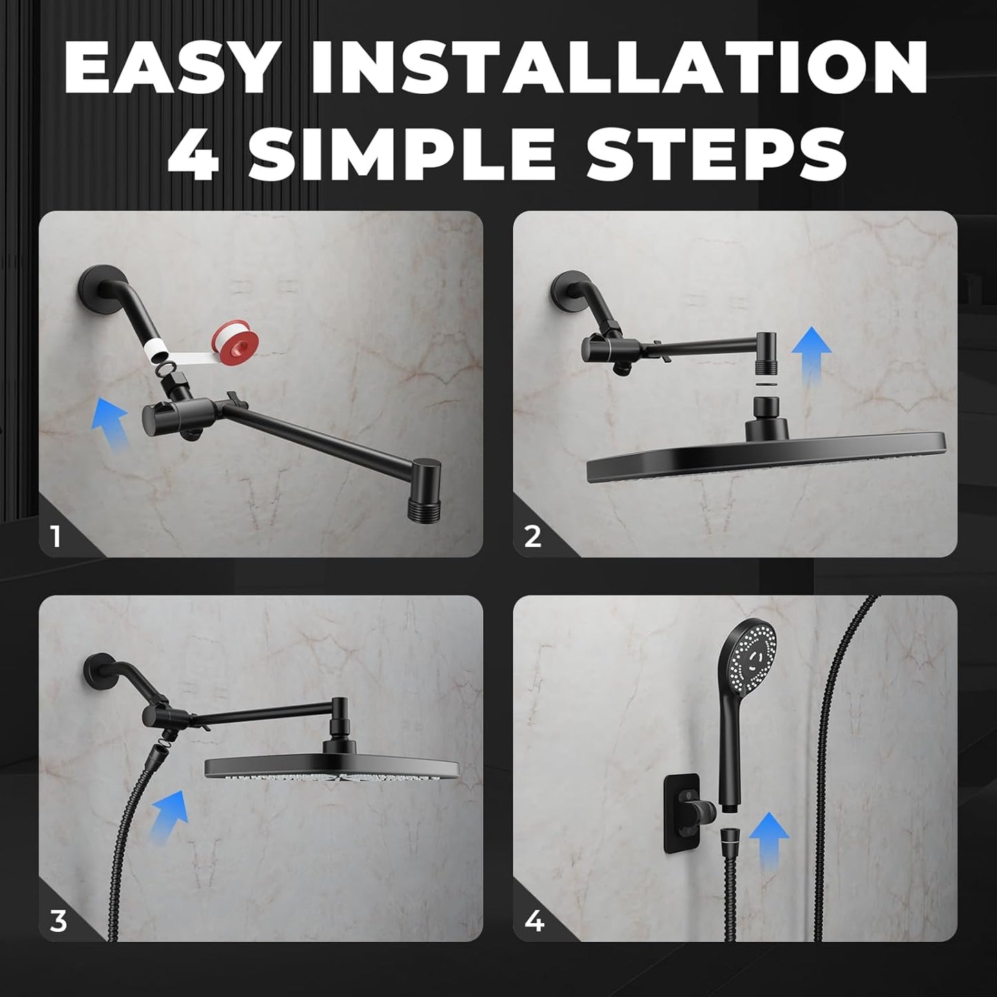 Wide Rain Shower Head With 5 Modes Handheld Showerheads, High Pressure Showerhead Combo with Extension Arm for Bathroom Accessories, Adjustable Shower Head with Anti-Clog Nozzles (Black)