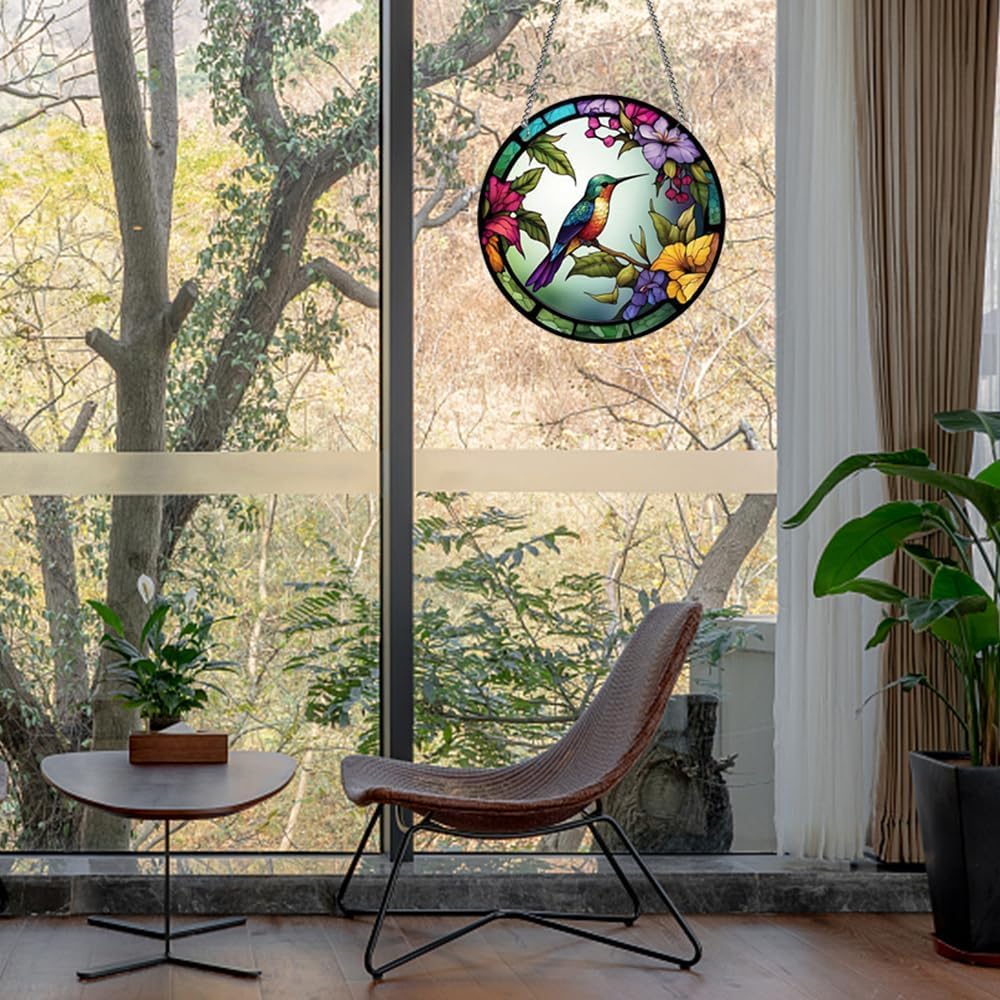 Hummingbird with Flower 2D 8inch Acrylic Window Hangings, Bird Suncatc