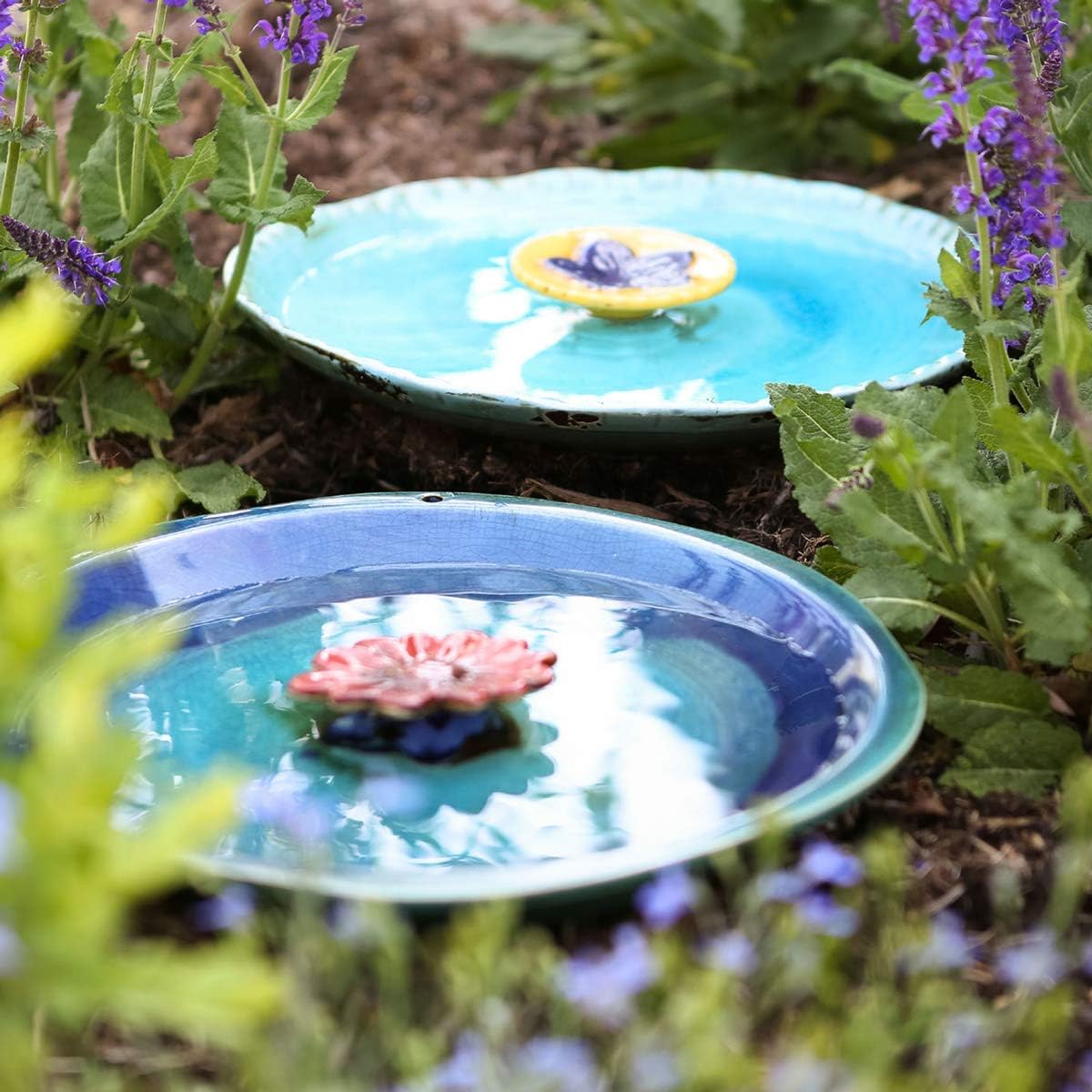 Topadorn 12.25in Ceramic Bird Bath for Outdoors, Large Bird Bath Bowl for Garden Lawn Balcony Patio Yard Tabletop Ground Decor, Blue with Yellow Flower